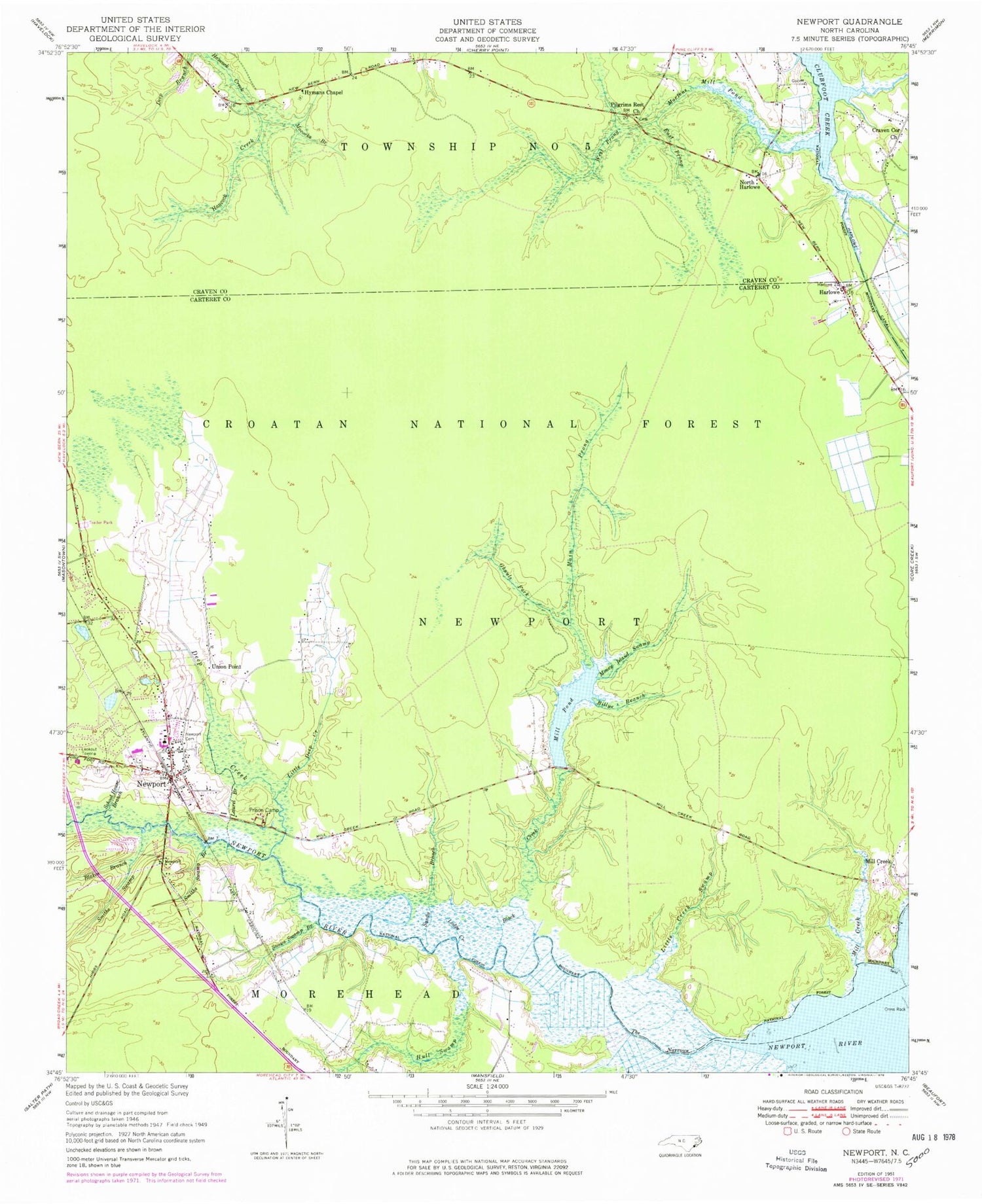 Classic USGS Newport North Carolina 7.5'x7.5' Topo Map Image
