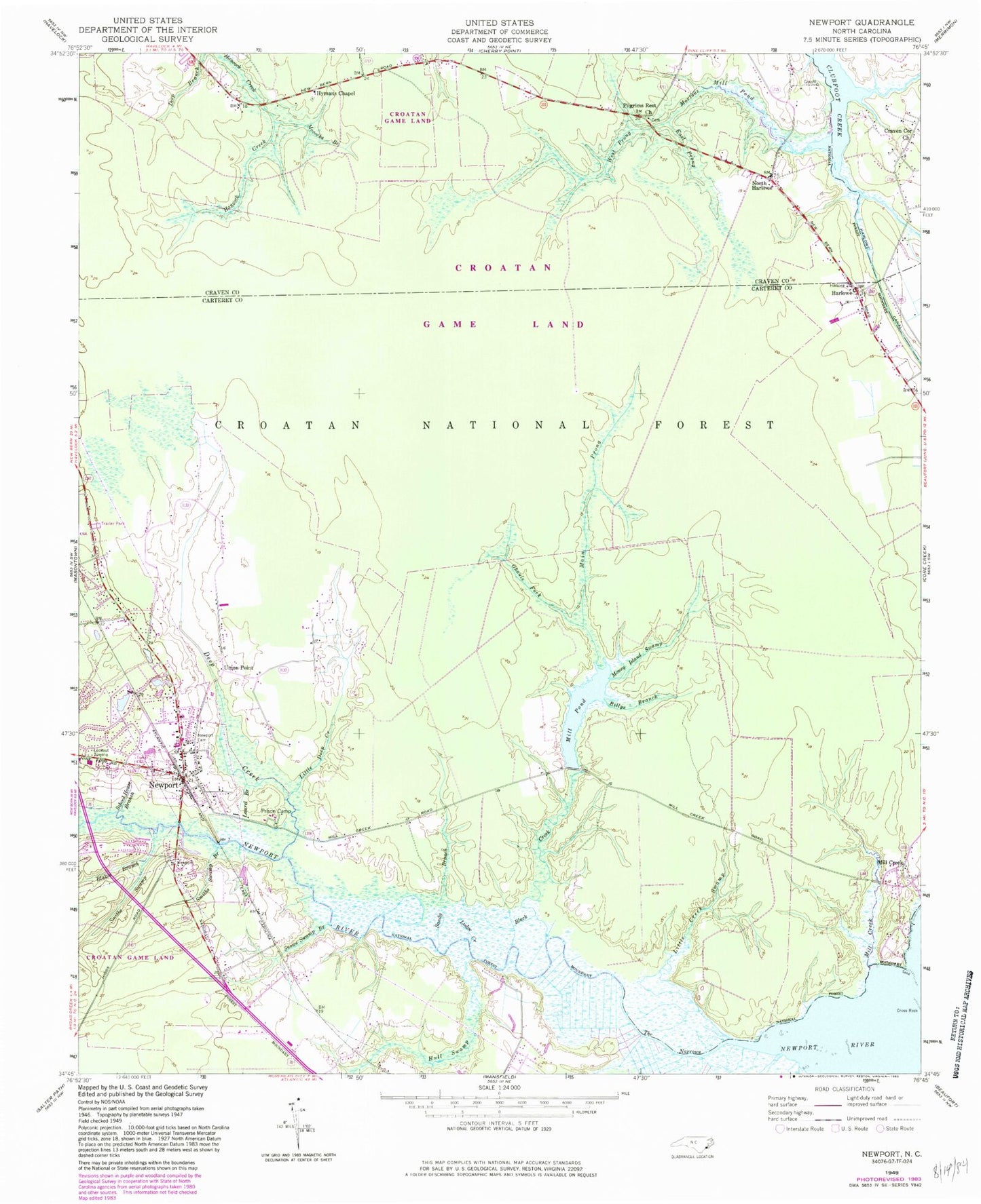 Classic USGS Newport North Carolina 7.5'x7.5' Topo Map Image