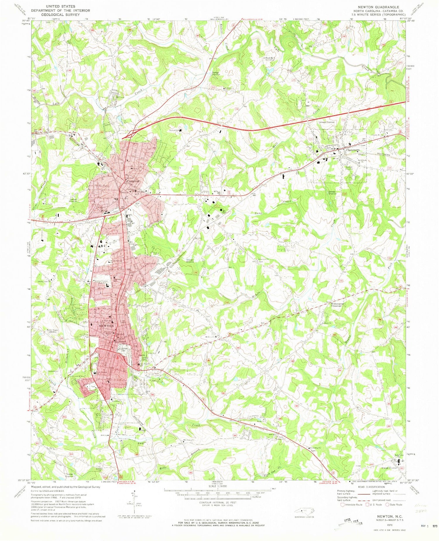 Classic USGS Newton North Carolina 7.5'x7.5' Topo Map Image
