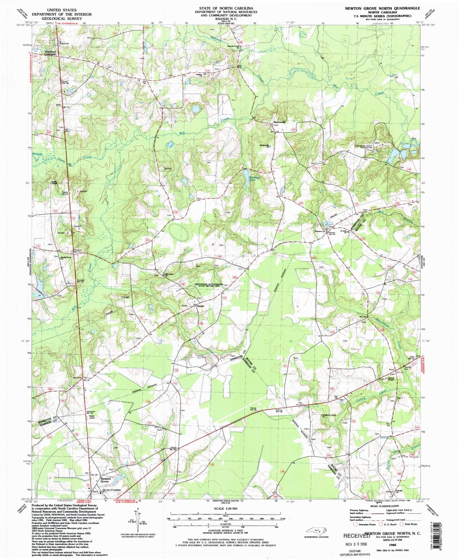 Classic USGS Newton Grove North North Carolina 7.5'x7.5' Topo Map Image