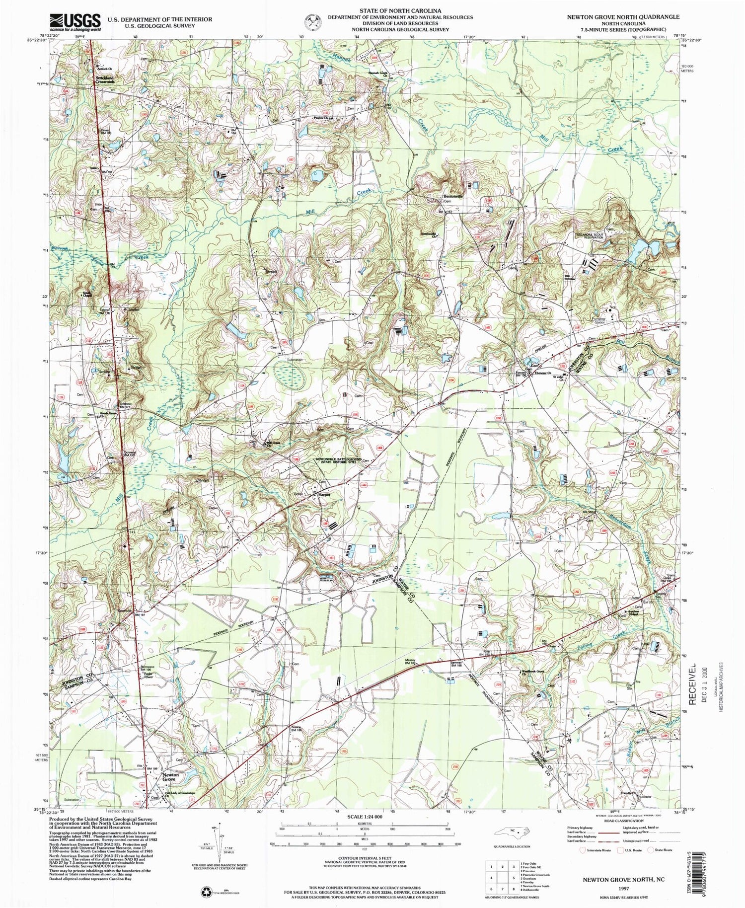 Classic USGS Newton Grove North North Carolina 7.5'x7.5' Topo Map Image
