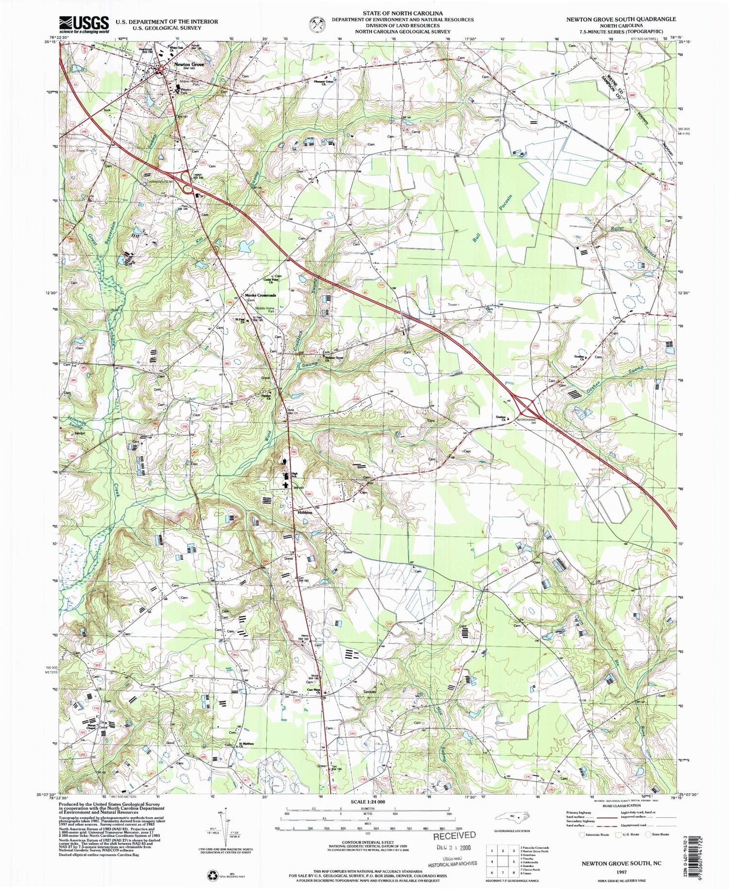 Classic USGS Newton Grove South North Carolina 7.5'x7.5' Topo Map Image