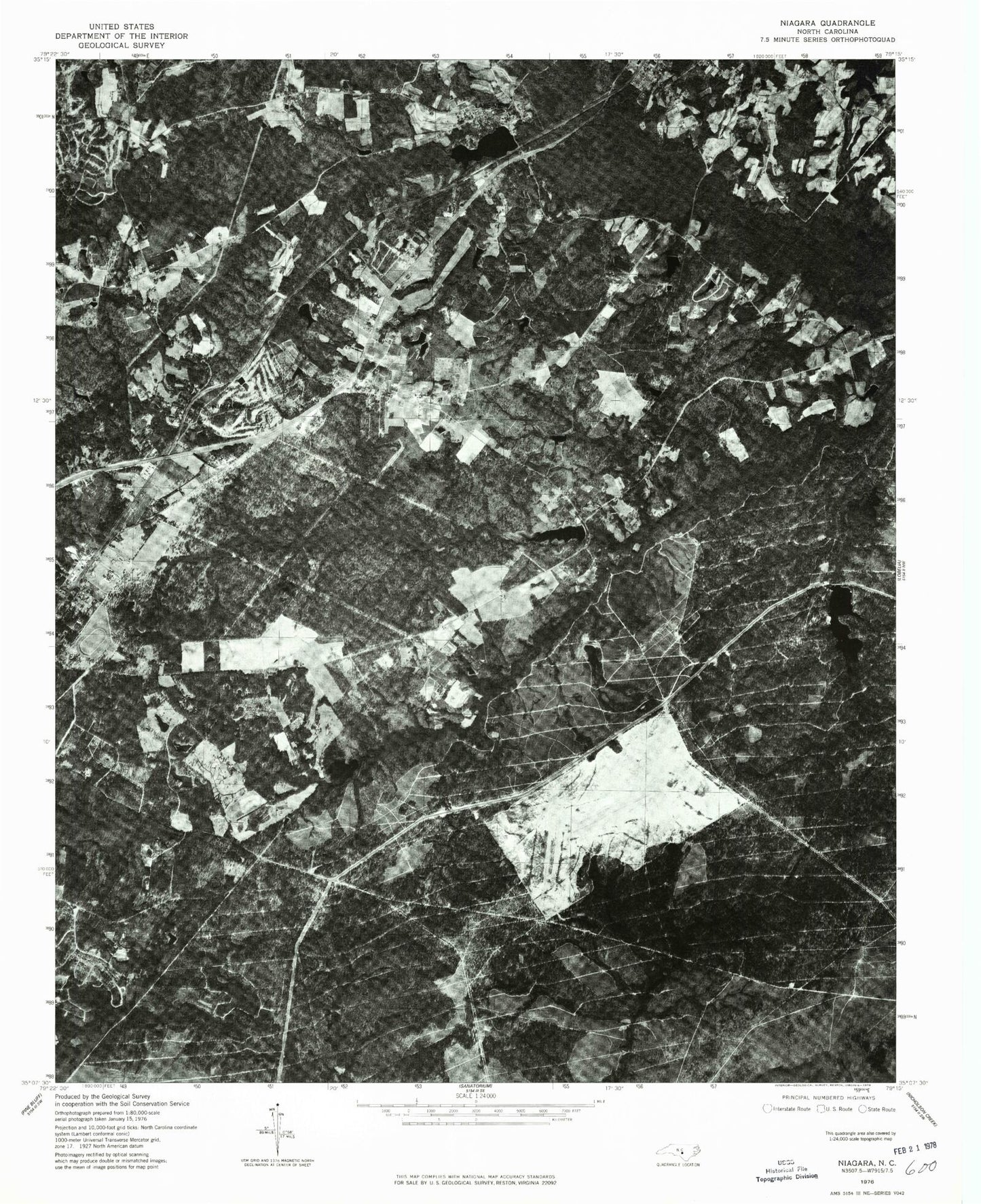 Classic USGS Niagara North Carolina 7.5'x7.5' Topo Map Image