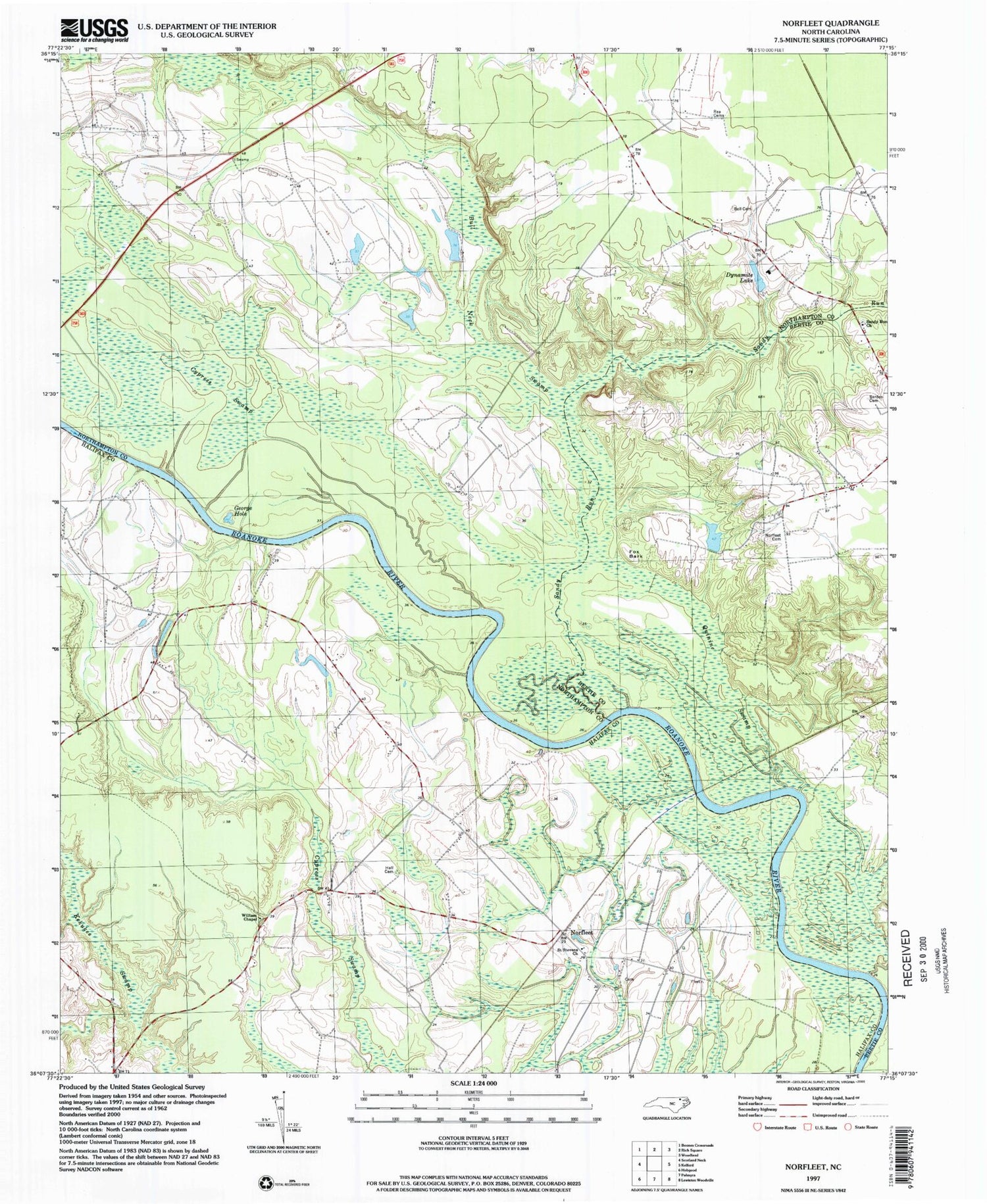 Classic USGS Norfleet North Carolina 7.5'x7.5' Topo Map Image