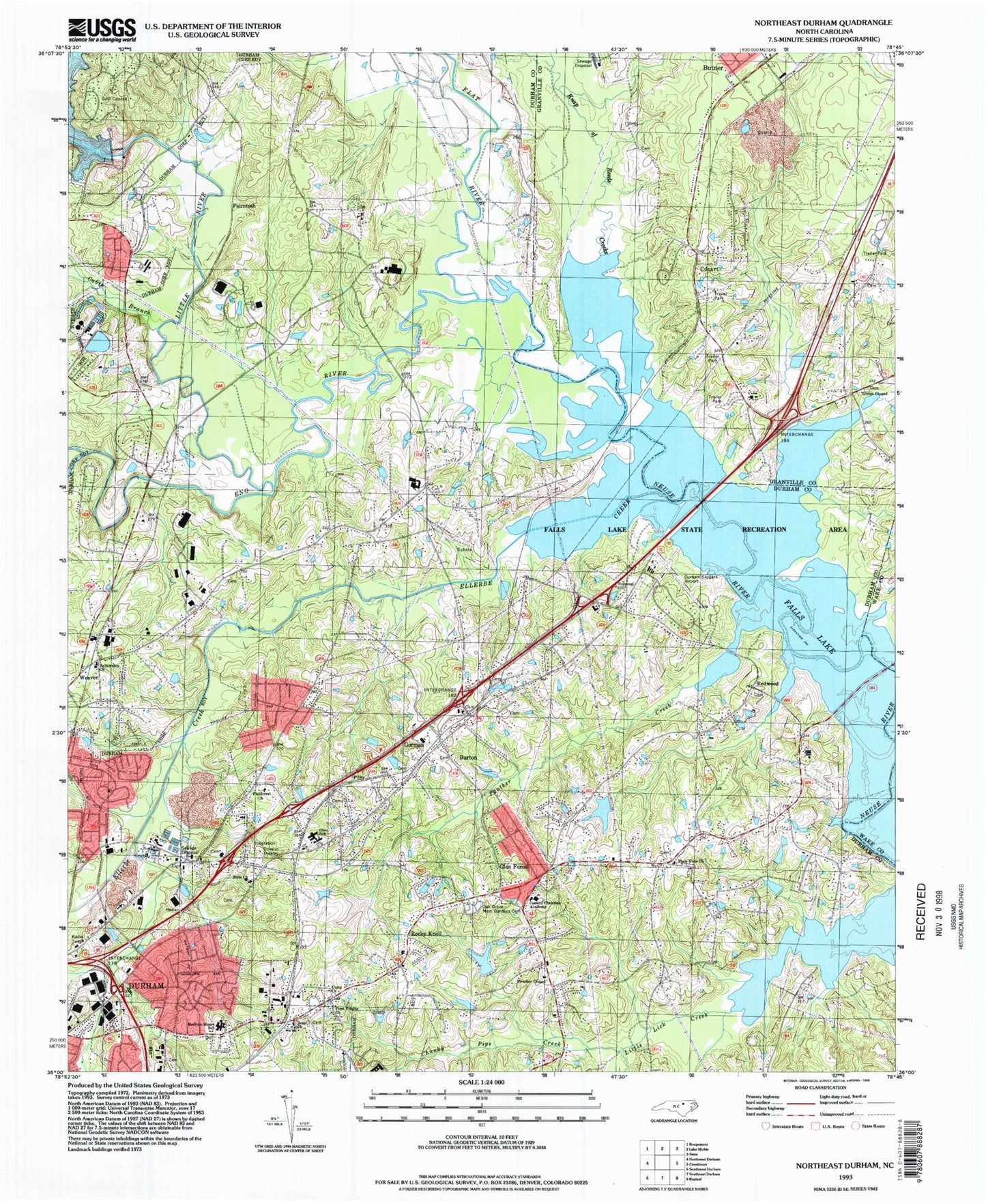 Classic USGS Northeast Durham North Carolina 7.5'x7.5' Topo Map Image