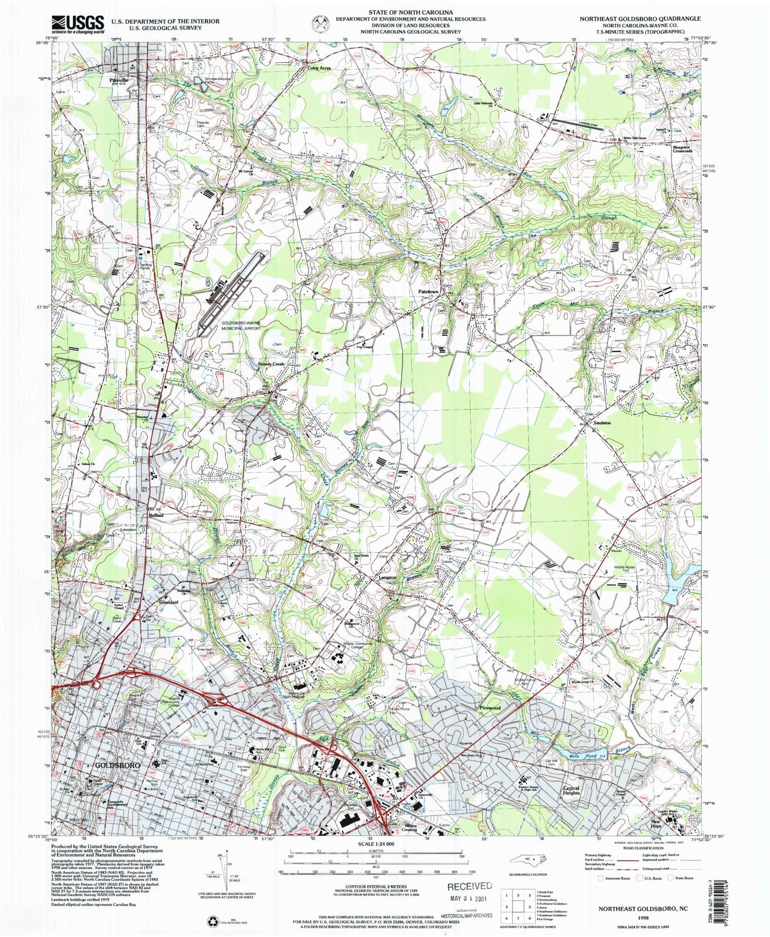 Classic USGS Northeast Goldsboro North Carolina 7.5'x7.5' Topo Map Image