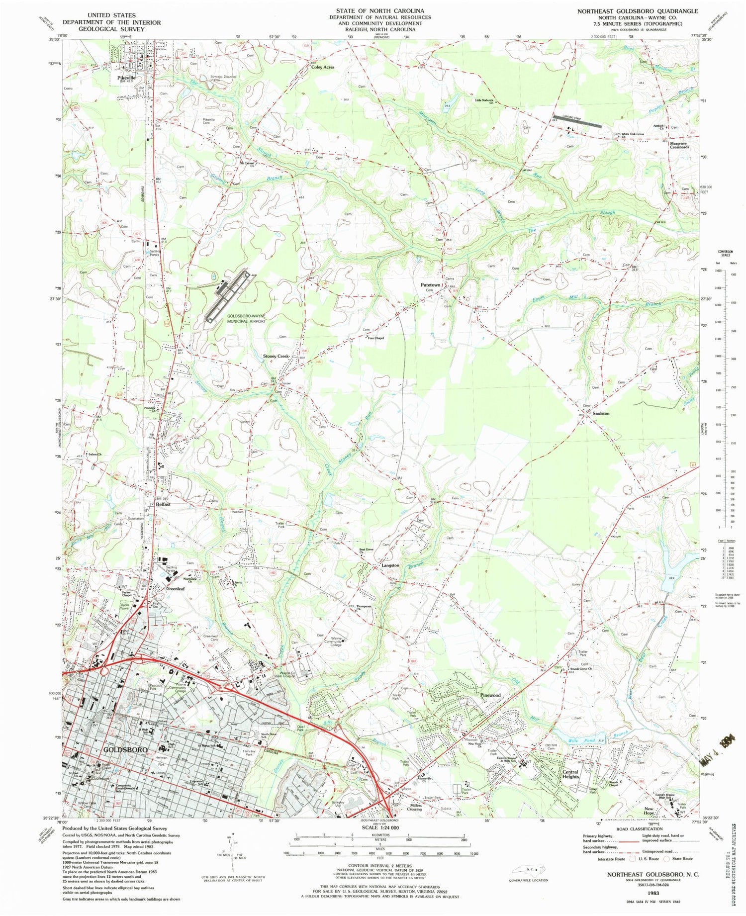 Classic USGS Northeast Goldsboro North Carolina 7.5'x7.5' Topo Map Image