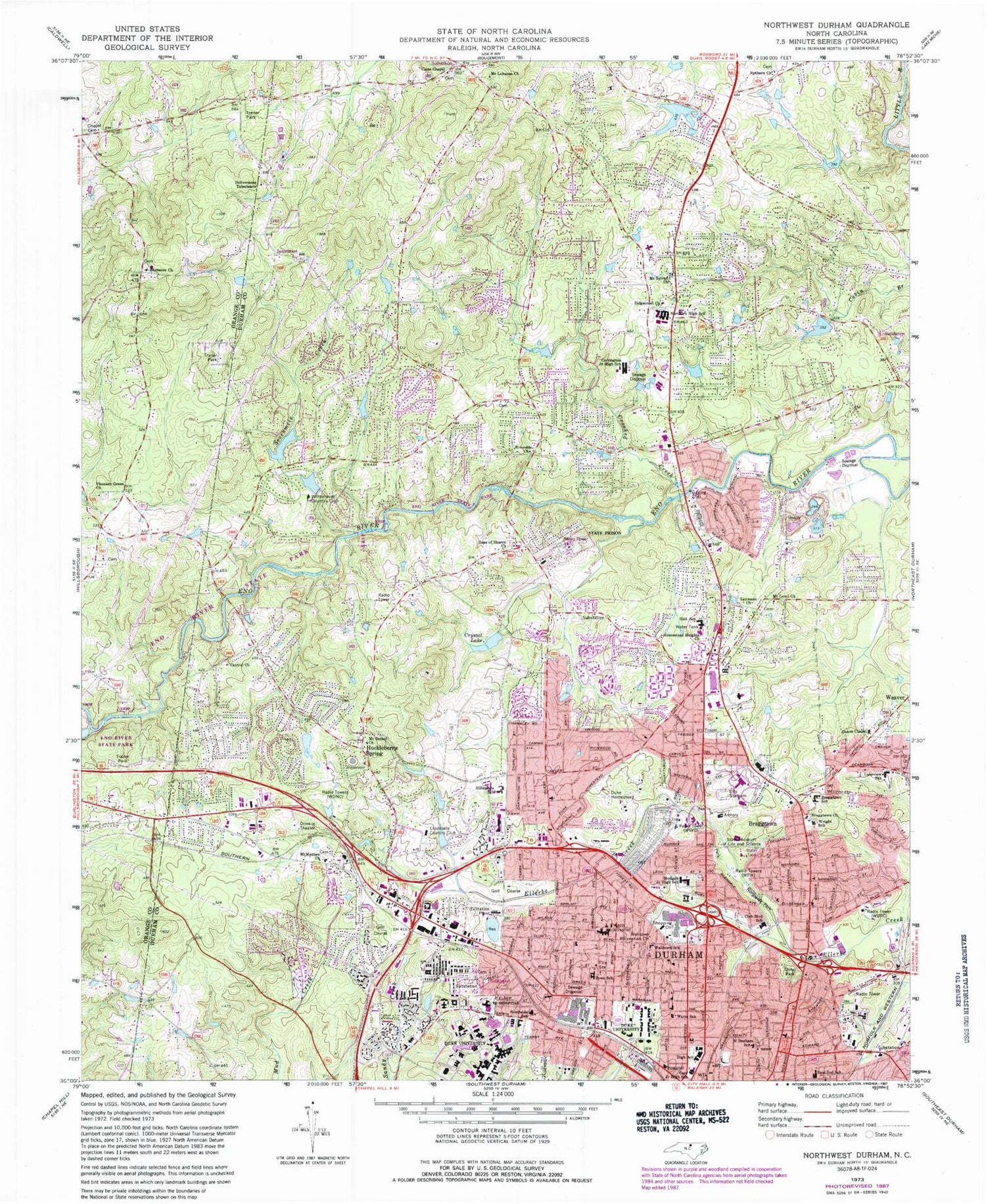 Classic USGS Northwest Durham North Carolina 7.5'x7.5' Topo Map Image