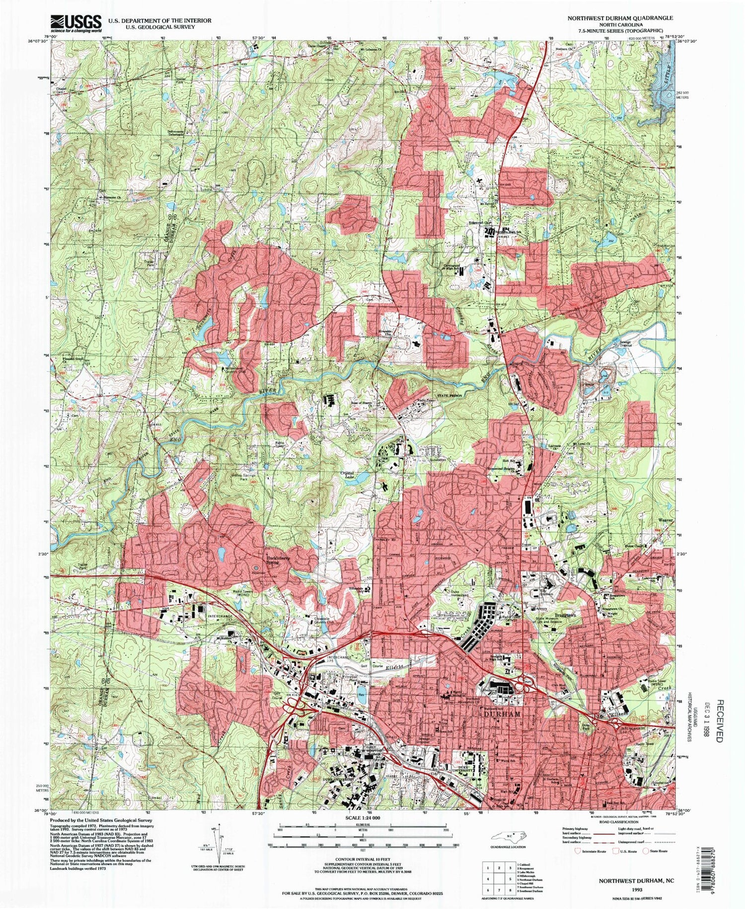 Classic USGS Northwest Durham North Carolina 7.5'x7.5' Topo Map Image