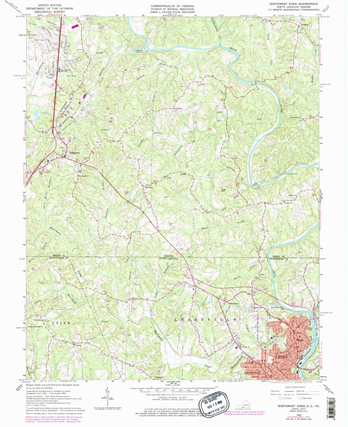 Classic USGS Northwest Eden North Carolina 7.5'x7.5' Topo Map Image