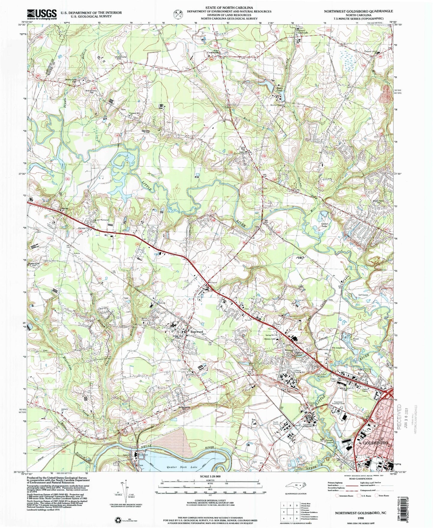 Classic USGS Northwest Goldsboro North Carolina 7.5'x7.5' Topo Map Image