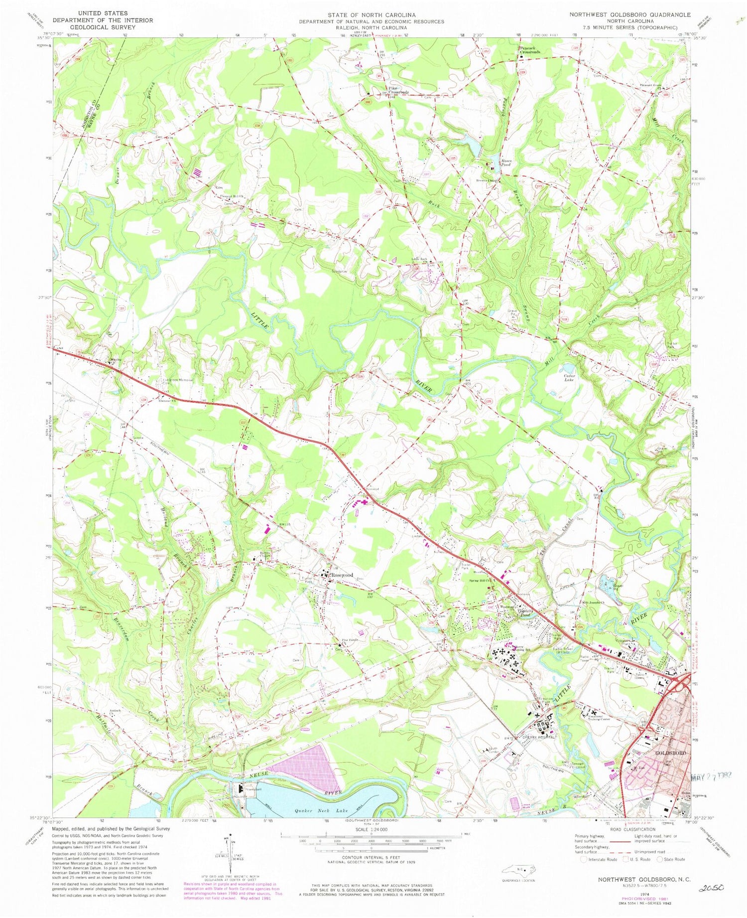 Classic USGS Northwest Goldsboro North Carolina 7.5'x7.5' Topo Map Image