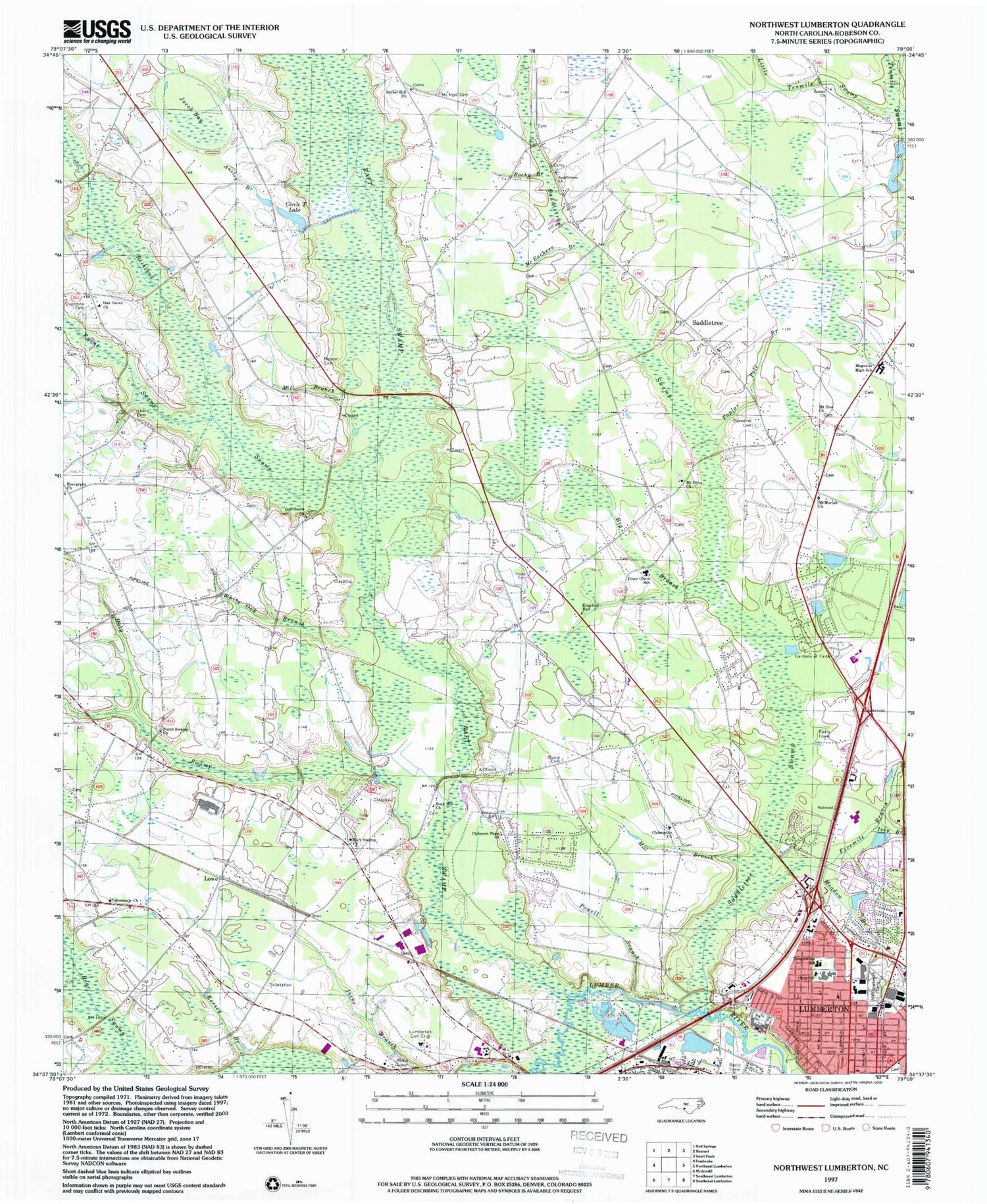 Classic USGS Northwest Lumberton North Carolina 7.5'x7.5' Topo Map Image