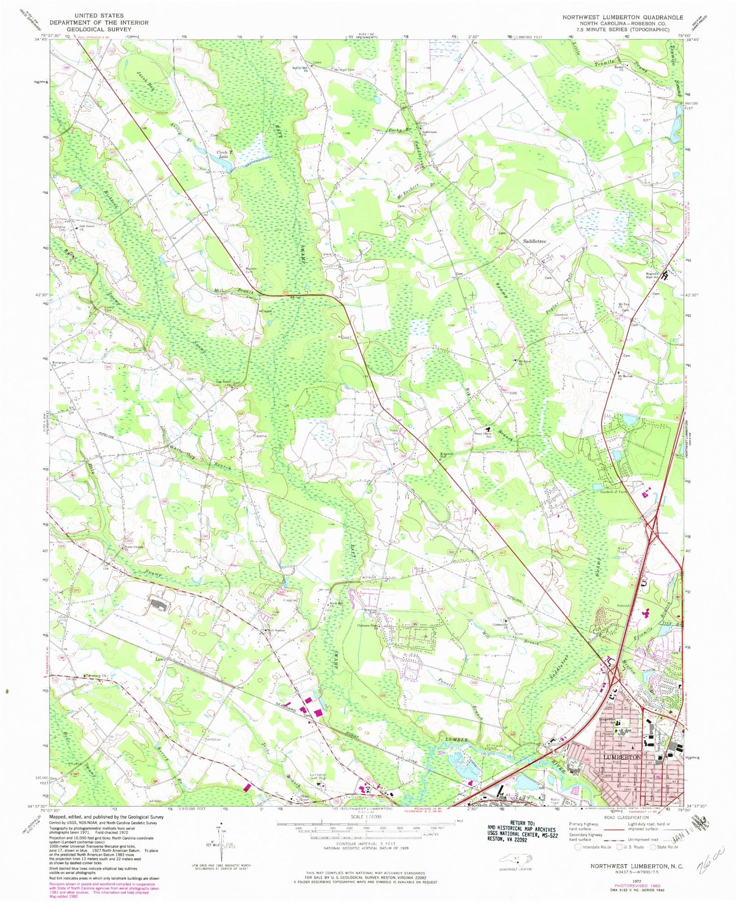 Classic USGS Northwest Lumberton North Carolina 7.5'x7.5' Topo Map Image