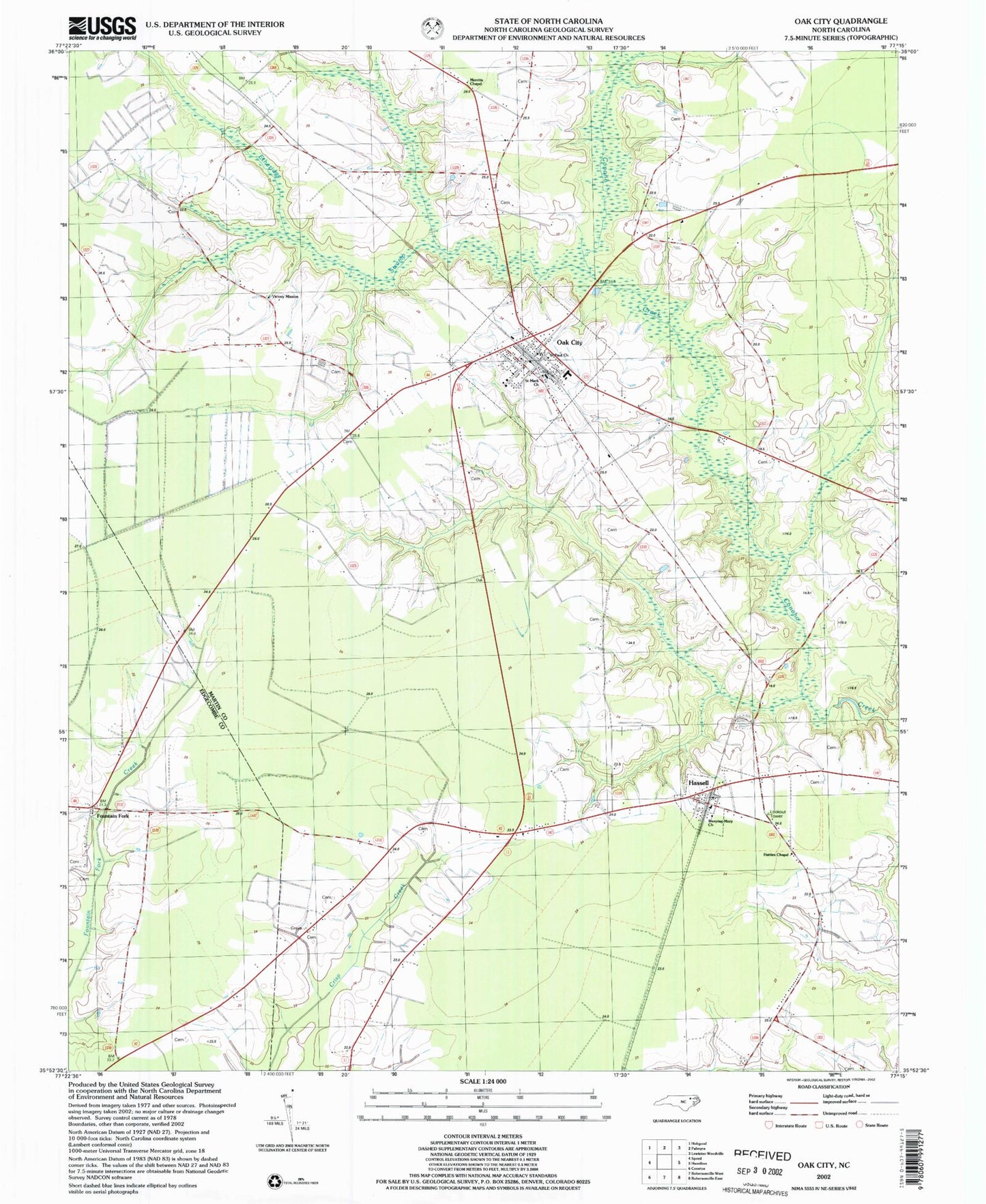 Classic USGS Oak City North Carolina 7.5'x7.5' Topo Map Image