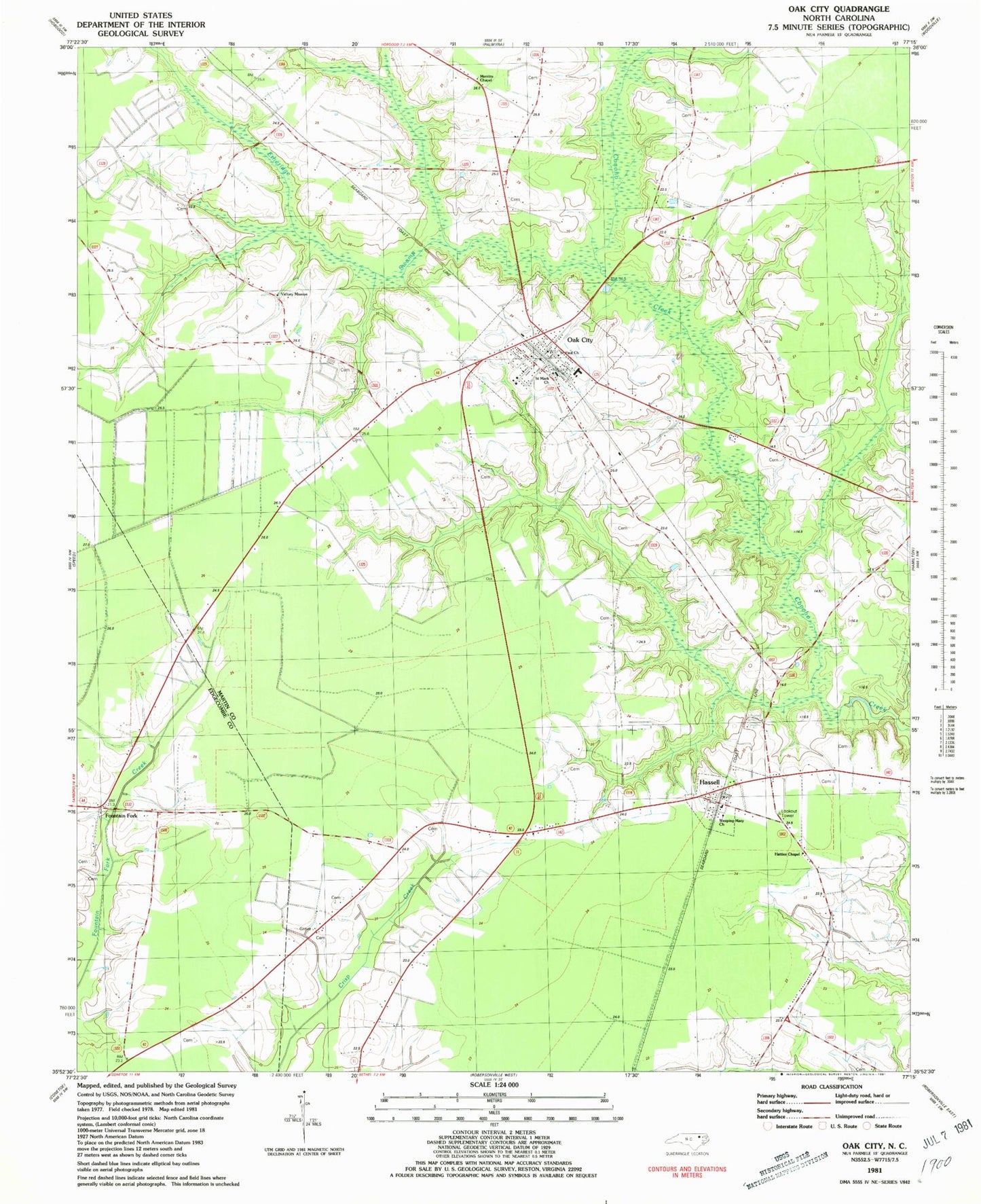 Classic USGS Oak City North Carolina 7.5'x7.5' Topo Map Image