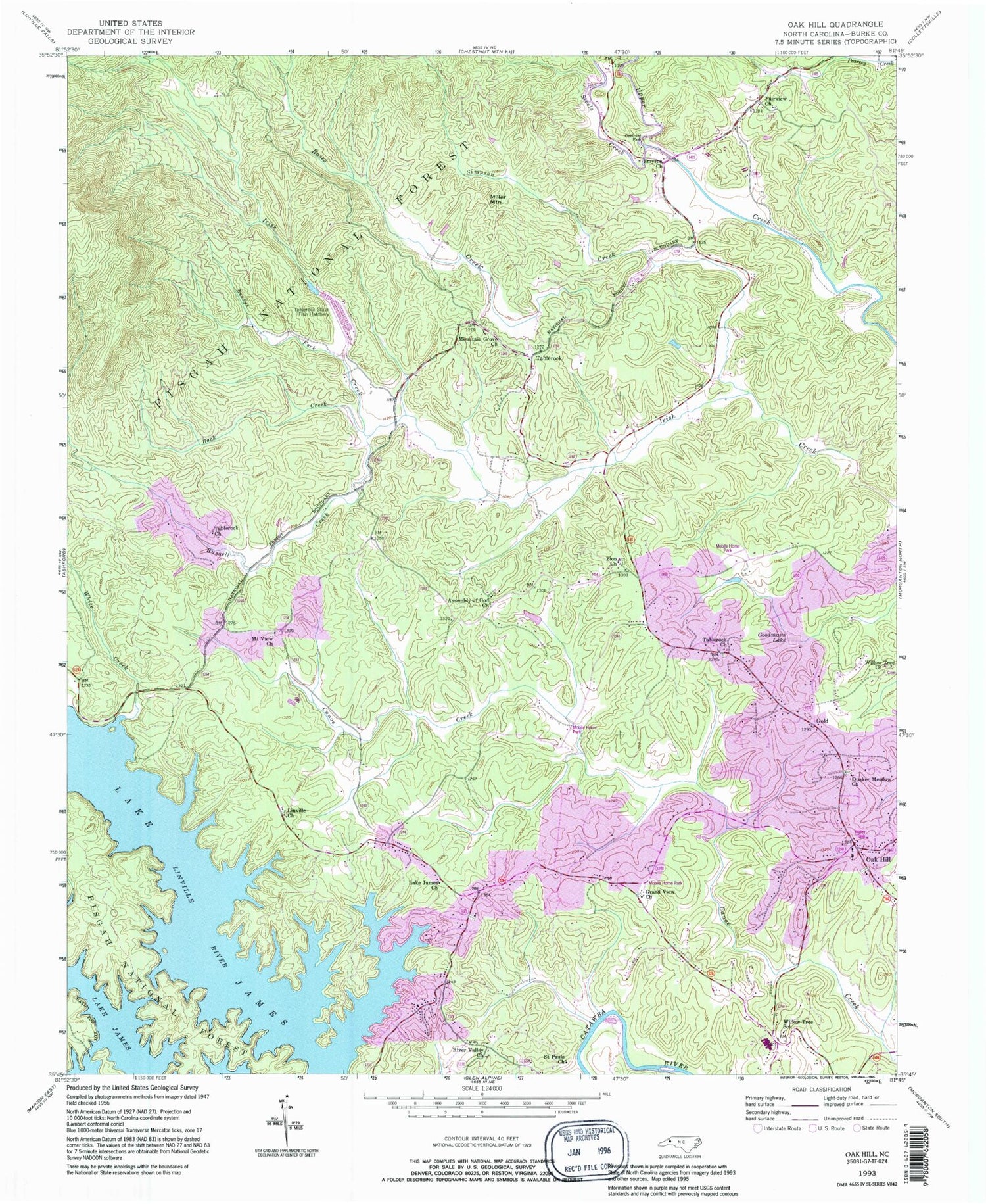 Classic USGS Oak Hill North Carolina 7.5'x7.5' Topo Map Image