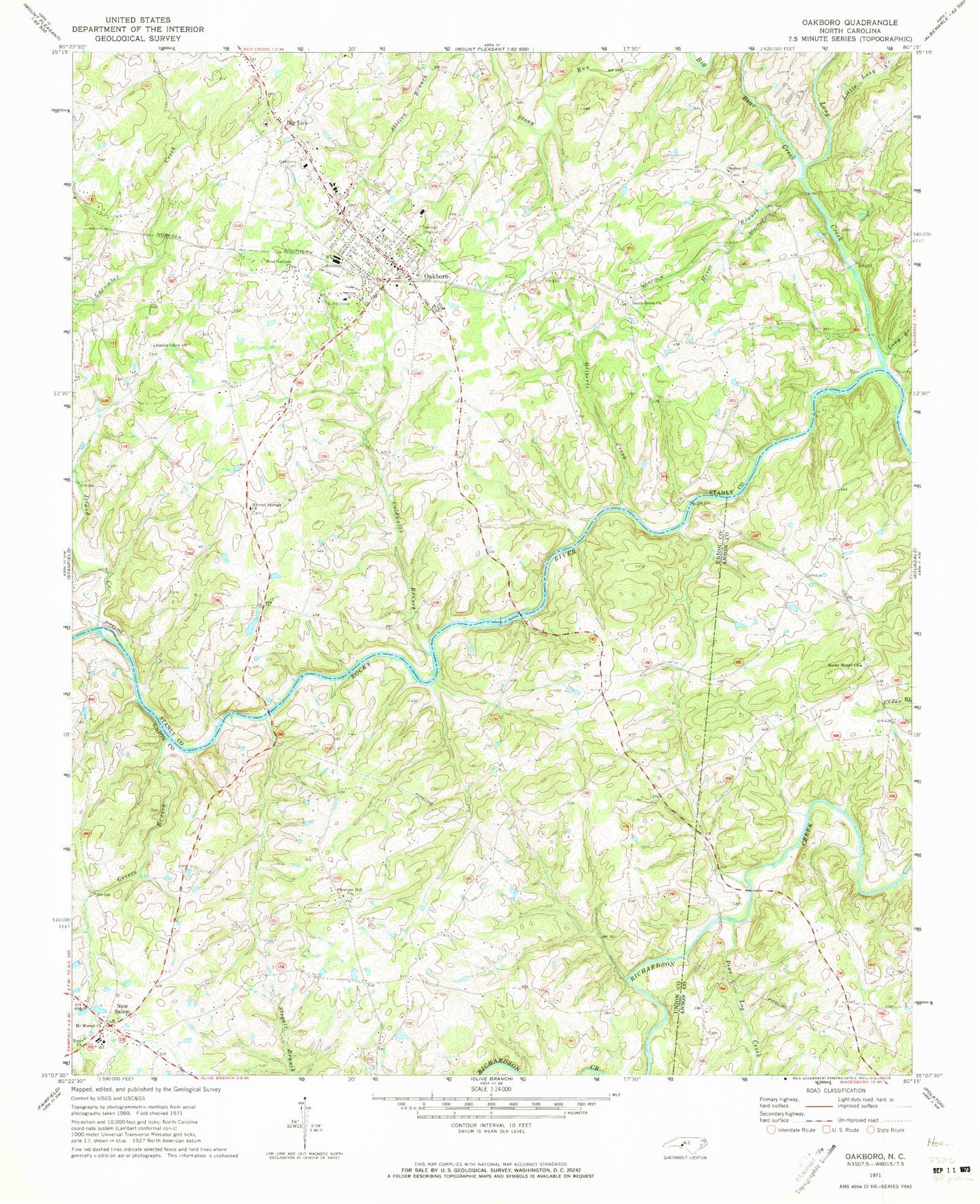Classic USGS Oakboro North Carolina 7.5'x7.5' Topo Map Image
