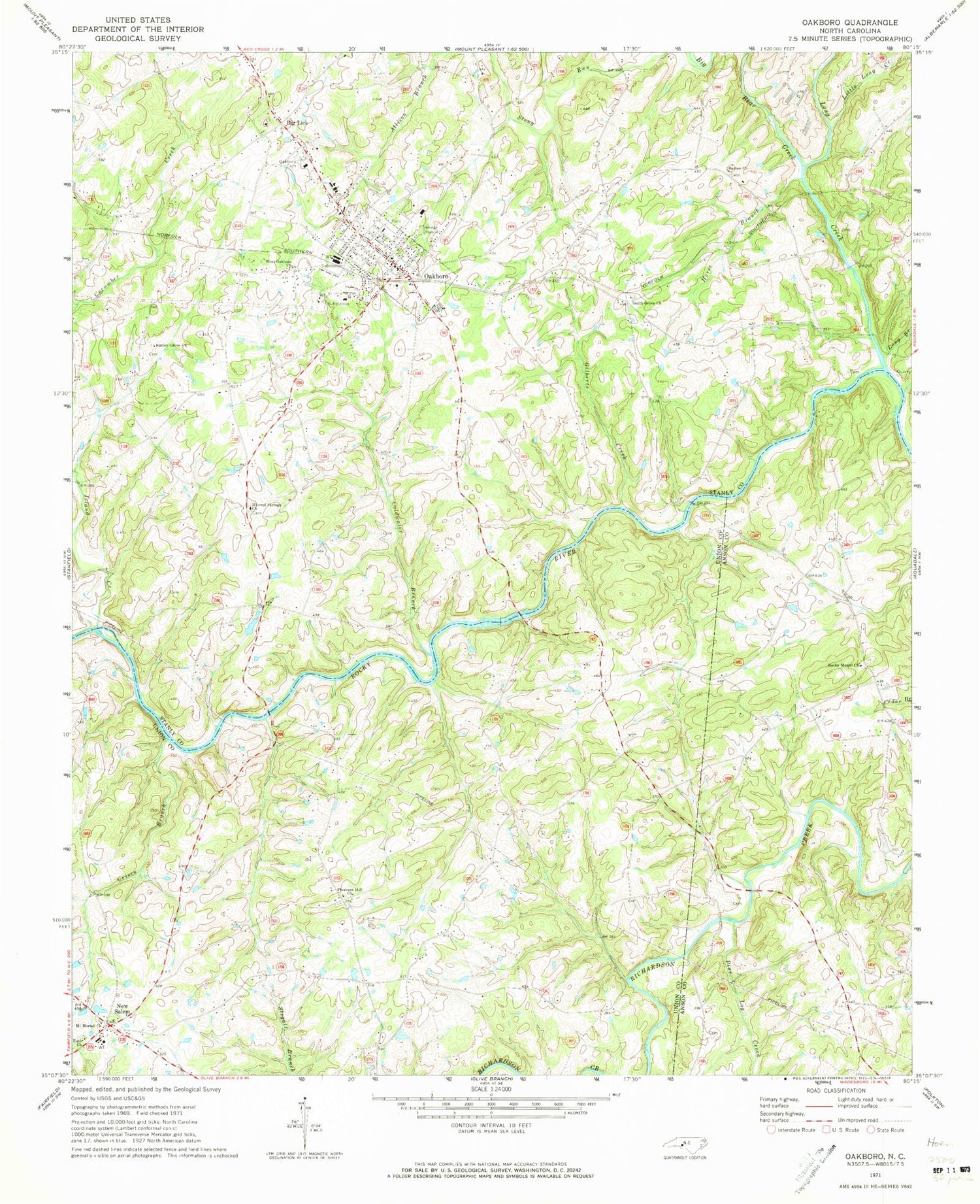 Classic USGS Oakboro North Carolina 7.5'x7.5' Topo Map Image