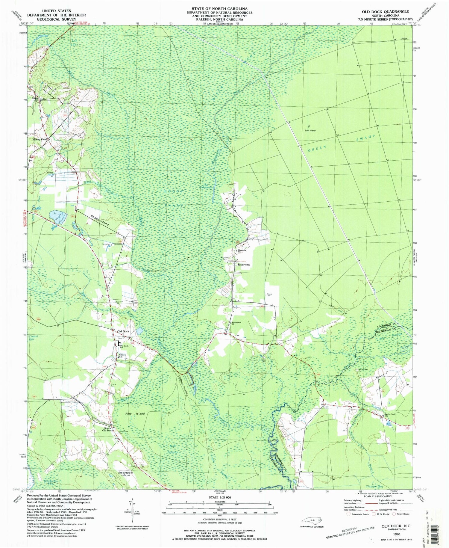 Classic USGS Old Dock North Carolina 7.5'x7.5' Topo Map Image