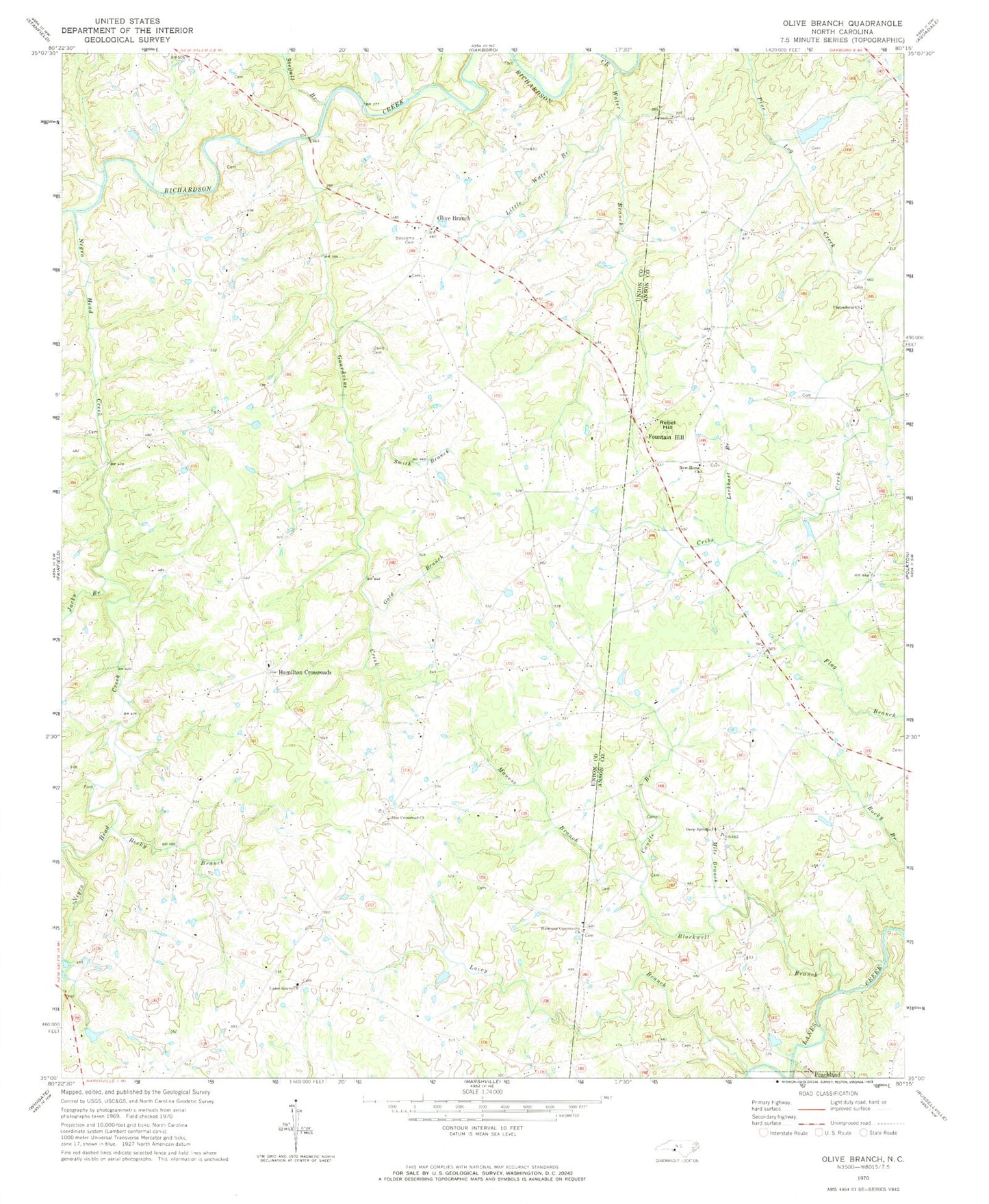Classic USGS Olive Branch North Carolina 7.5'x7.5' Topo Map Image