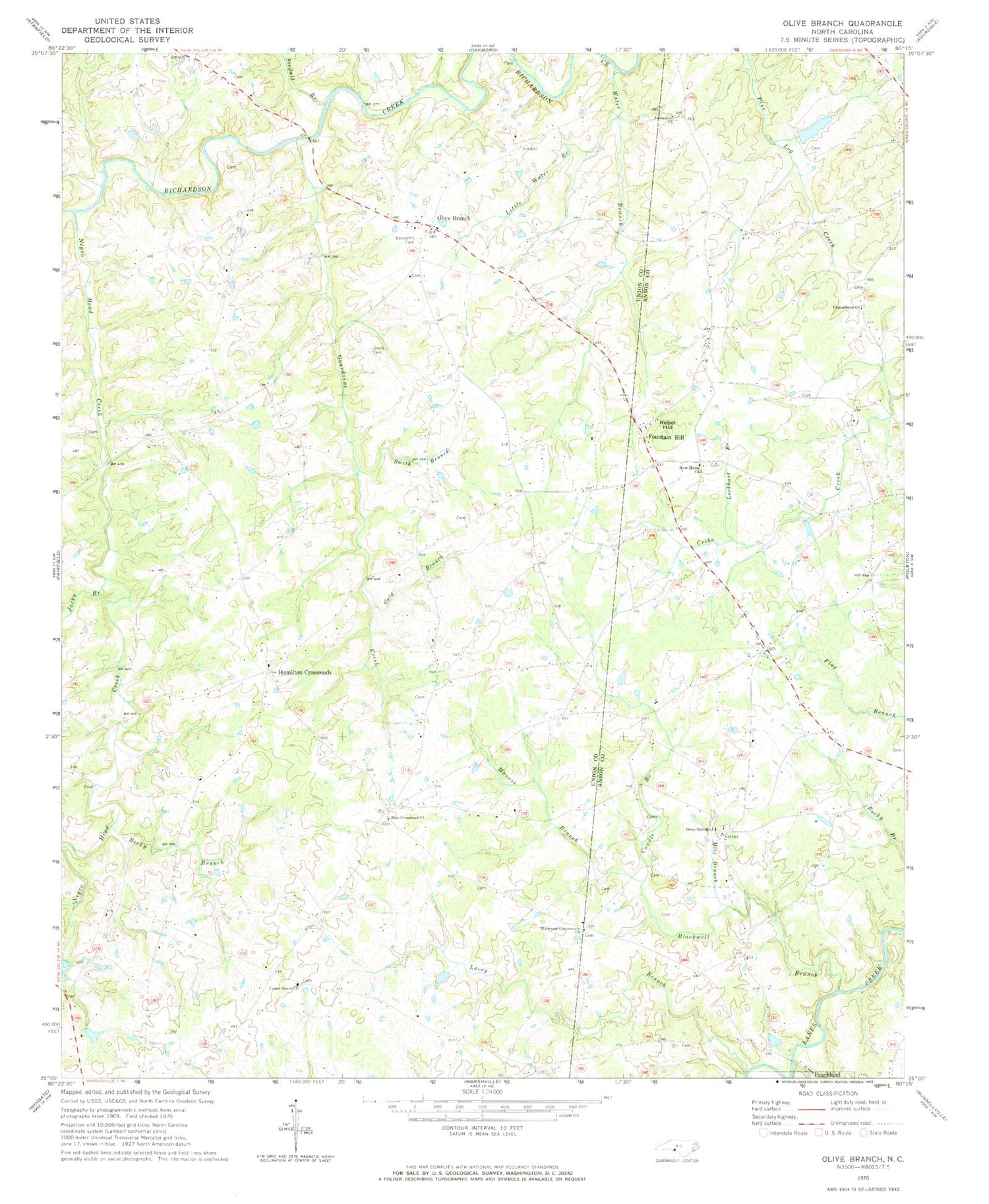 Classic USGS Olive Branch North Carolina 7.5'x7.5' Topo Map Image