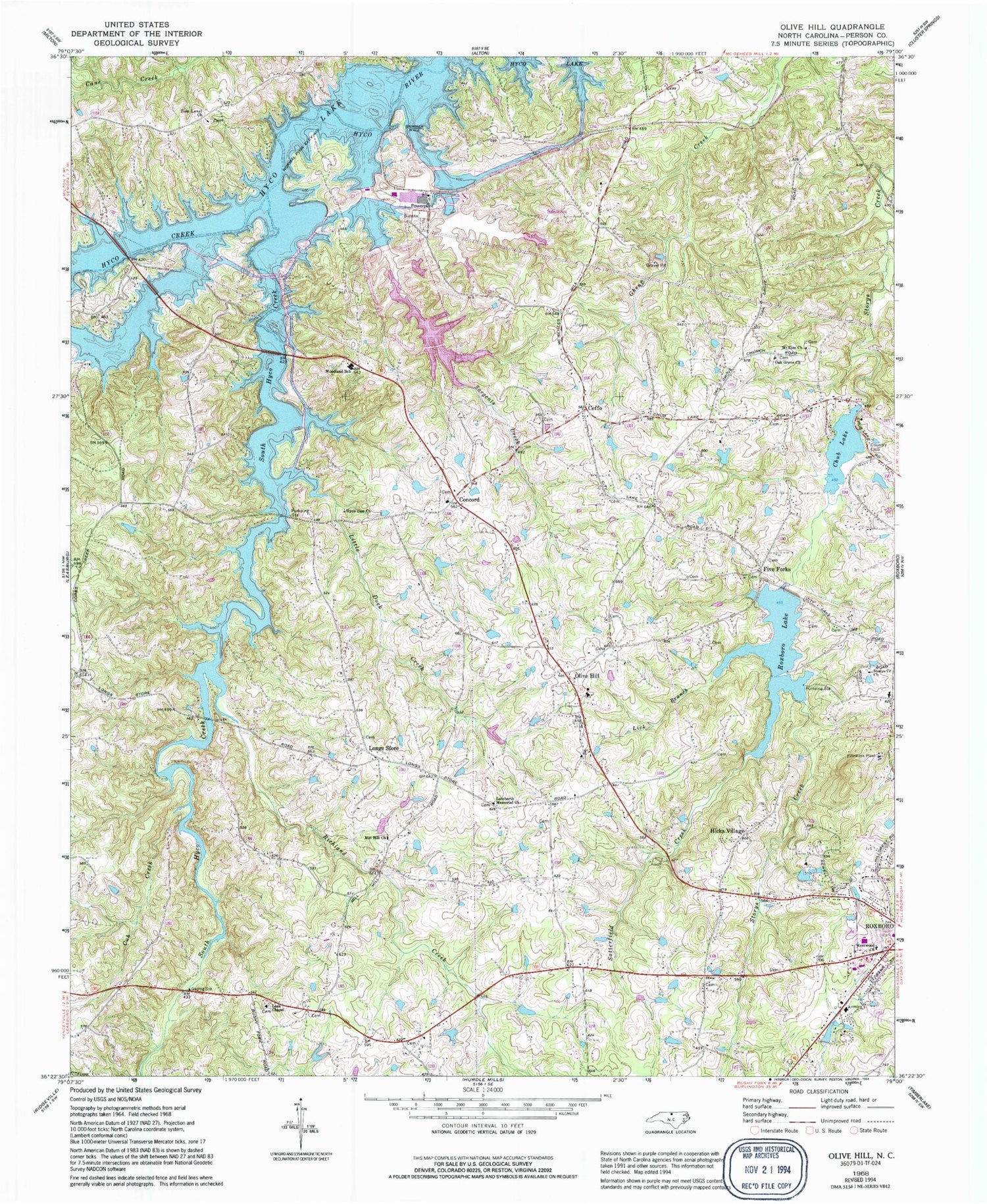 Classic USGS Olive Hill North Carolina 7.5'x7.5' Topo Map Image