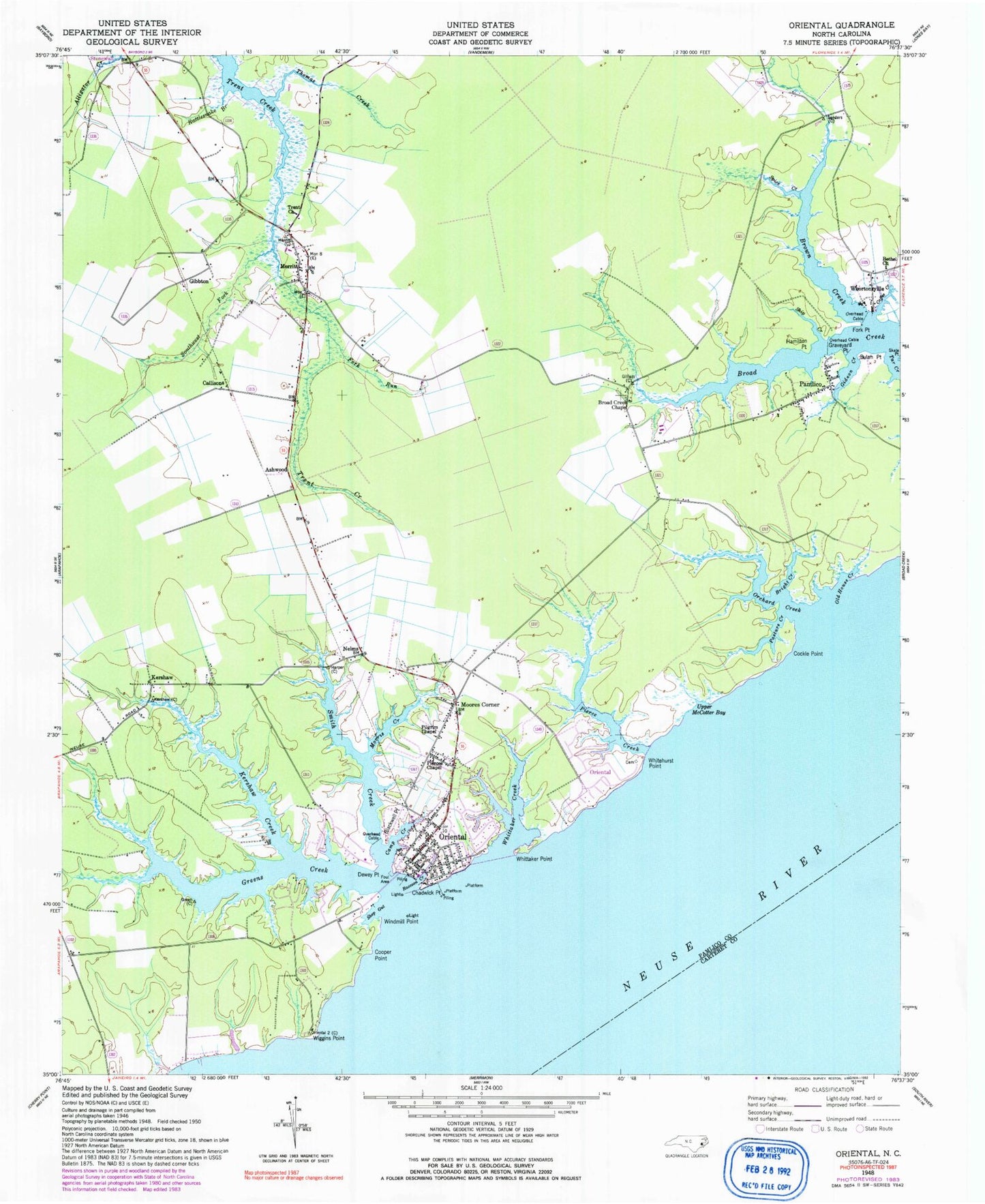 Classic USGS Oriental North Carolina 7.5'x7.5' Topo Map Image