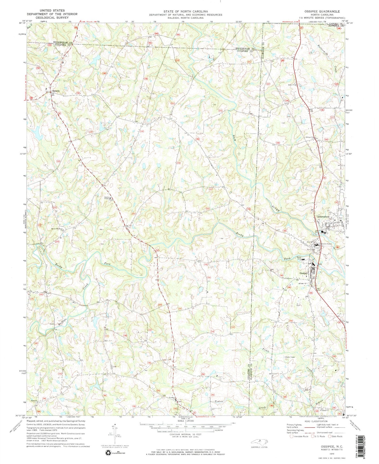 Classic USGS Ossipee North Carolina 7.5'x7.5' Topo Map Image