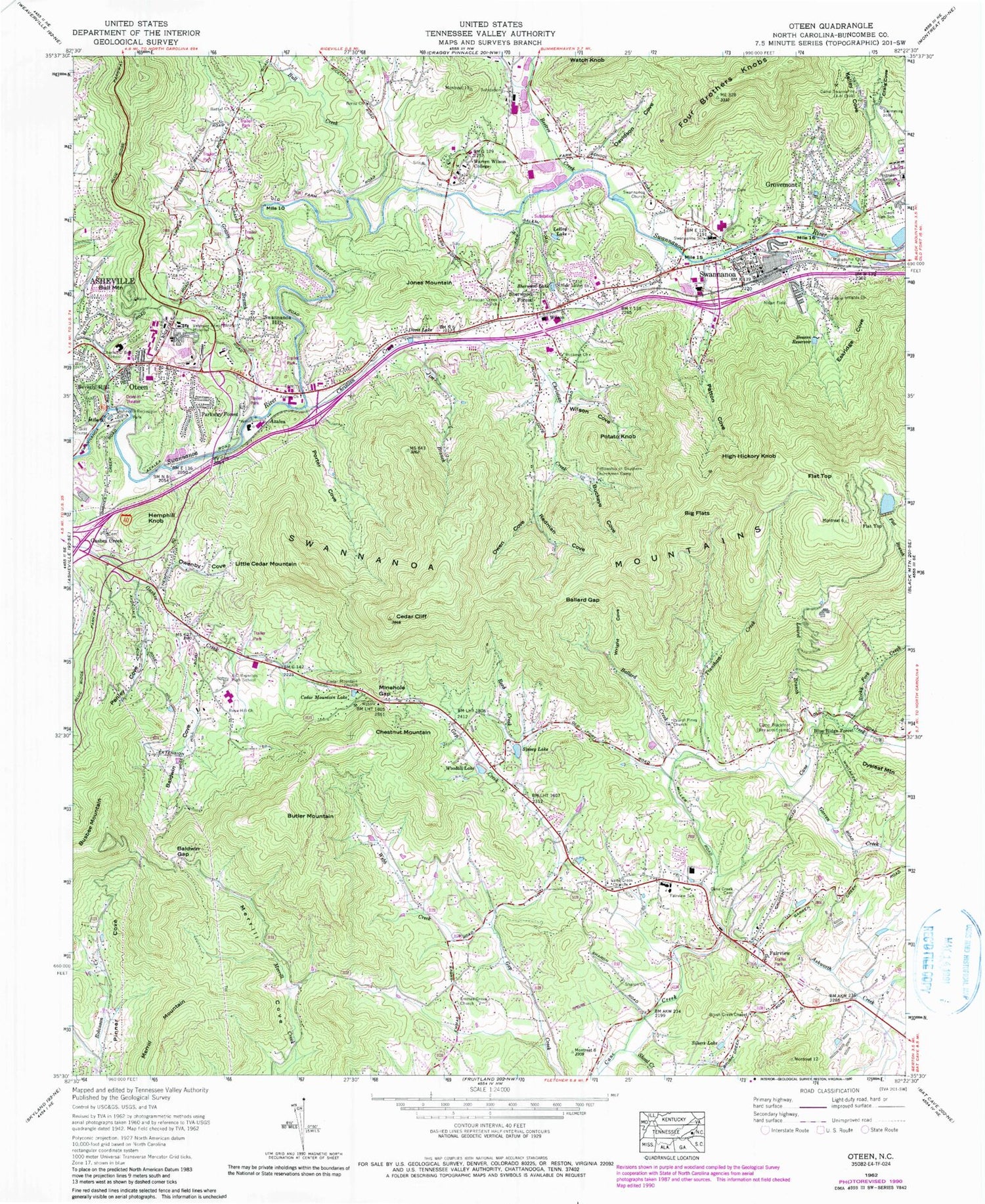 Classic USGS Oteen North Carolina 7.5'x7.5' Topo Map Image