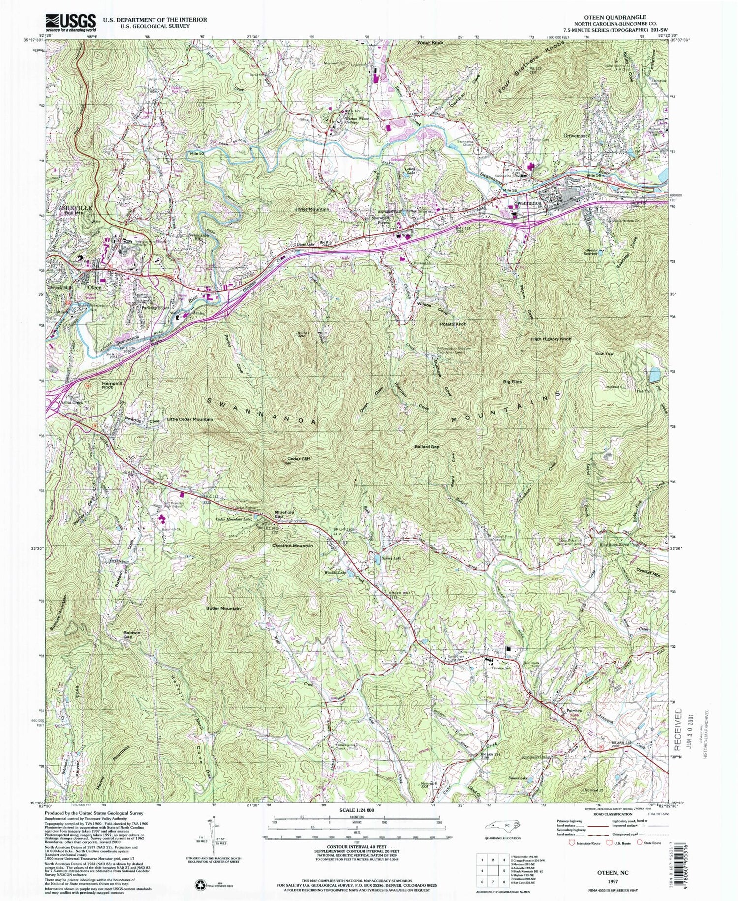 Classic USGS Oteen North Carolina 7.5'x7.5' Topo Map Image