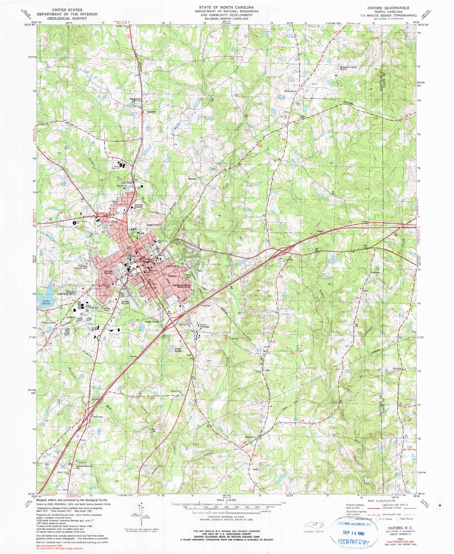 Classic USGS Oxford North Carolina 7.5'x7.5' Topo Map Image