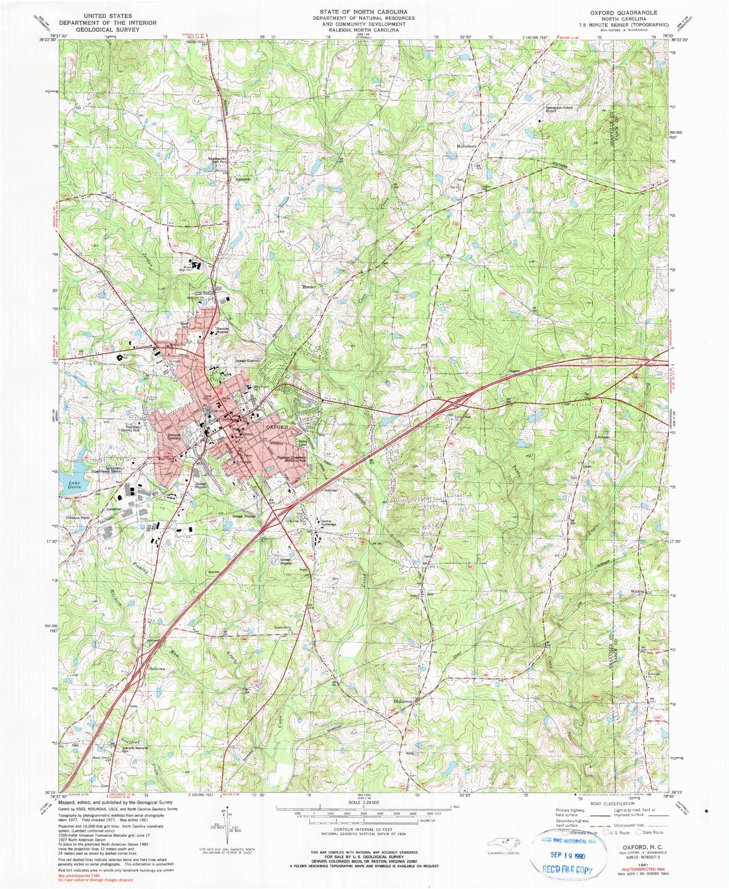 Classic USGS Oxford North Carolina 7.5'x7.5' Topo Map Image