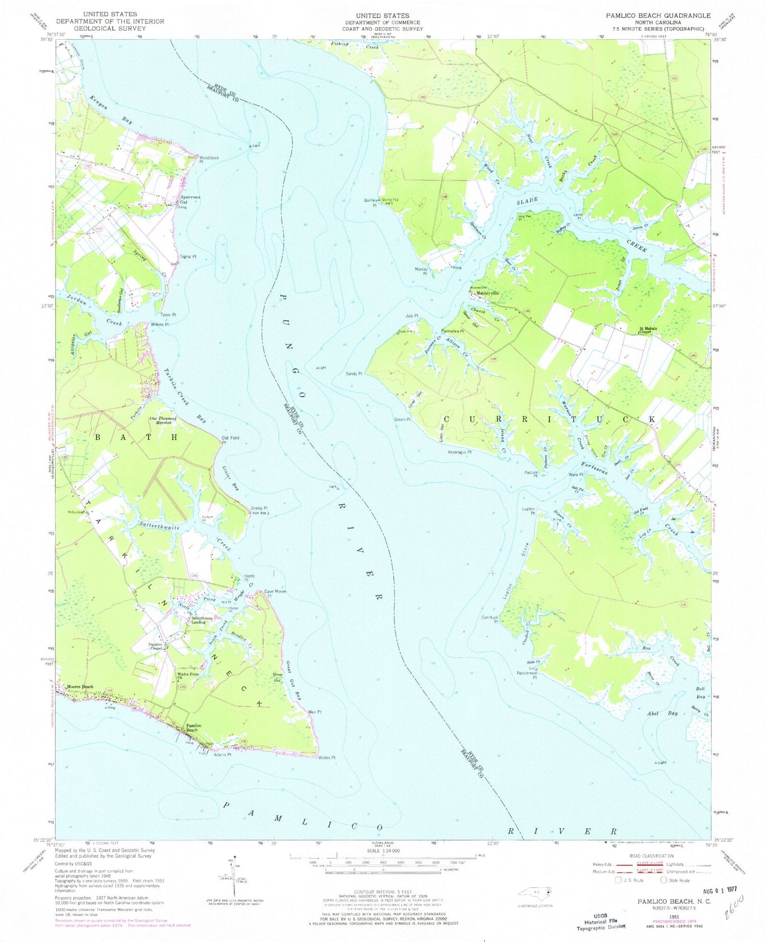 Classic USGS Pamlico Beach North Carolina 7.5'x7.5' Topo Map Image