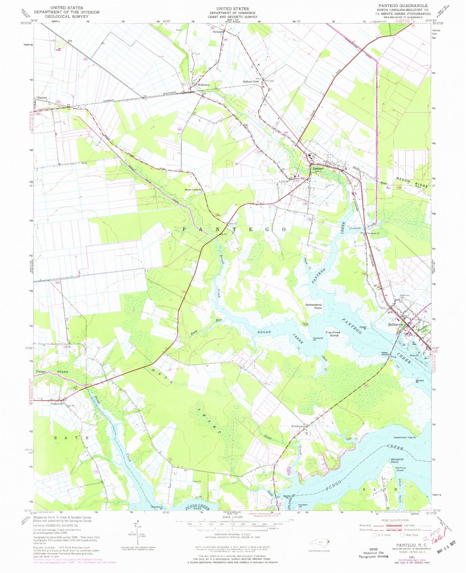 Classic USGS Pantego North Carolina 7.5'x7.5' Topo Map Image