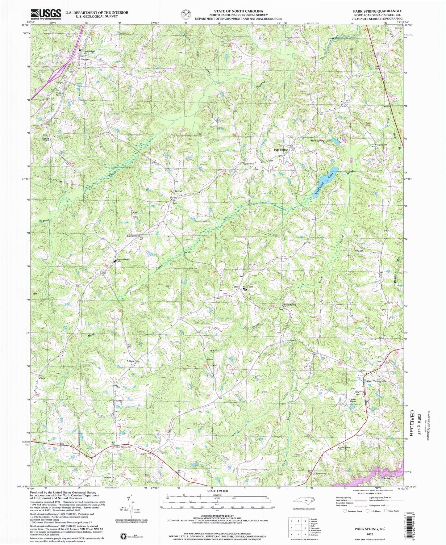 Classic USGS Park Spring North Carolina 7.5'x7.5' Topo Map Image