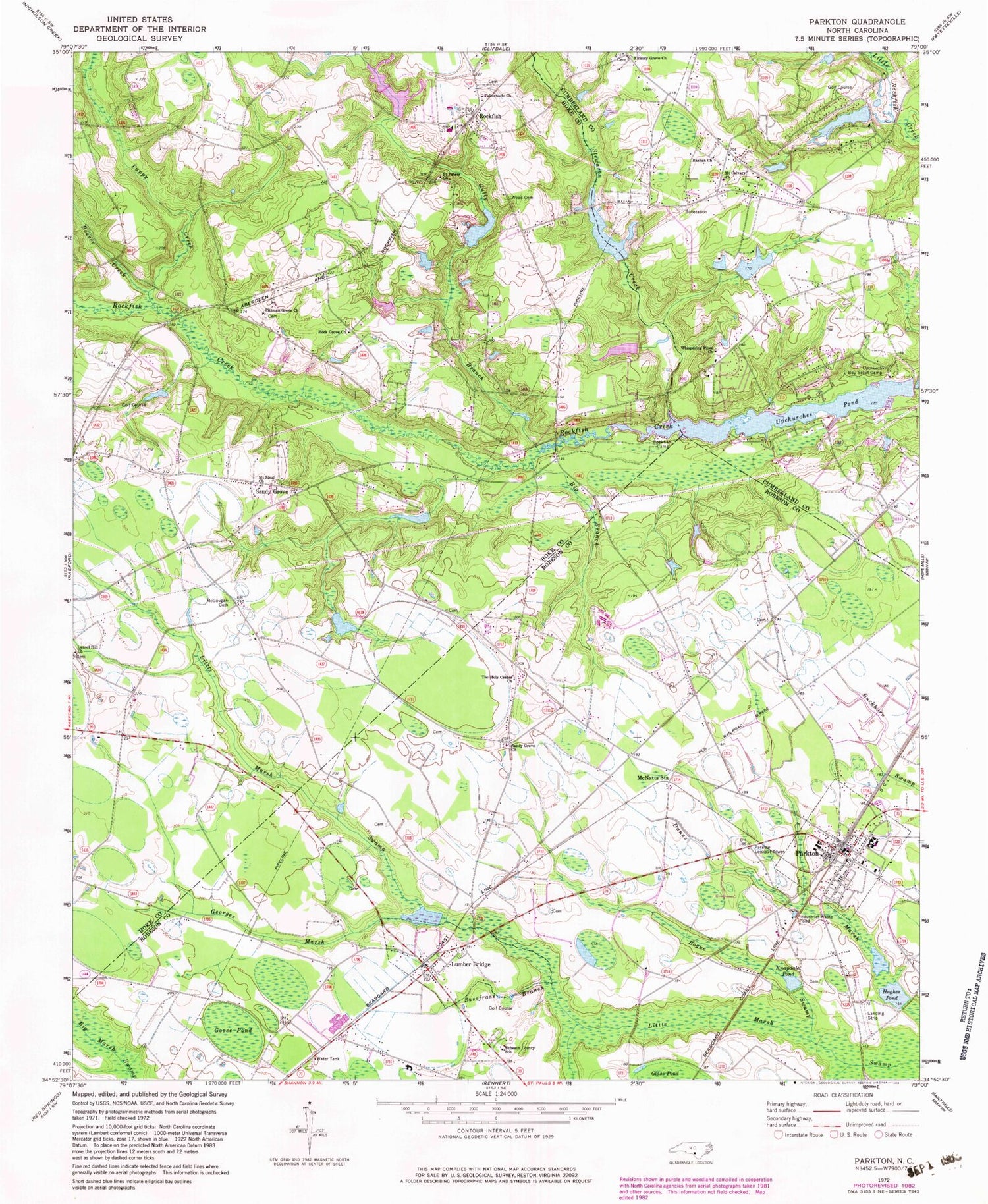 Classic USGS Parkton North Carolina 7.5'x7.5' Topo Map Image