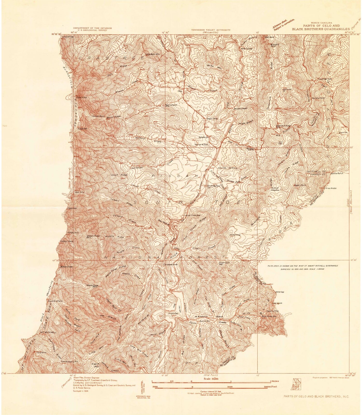 Classic USGS Celo North Carolina 7.5'x7.5' Topo Map Image