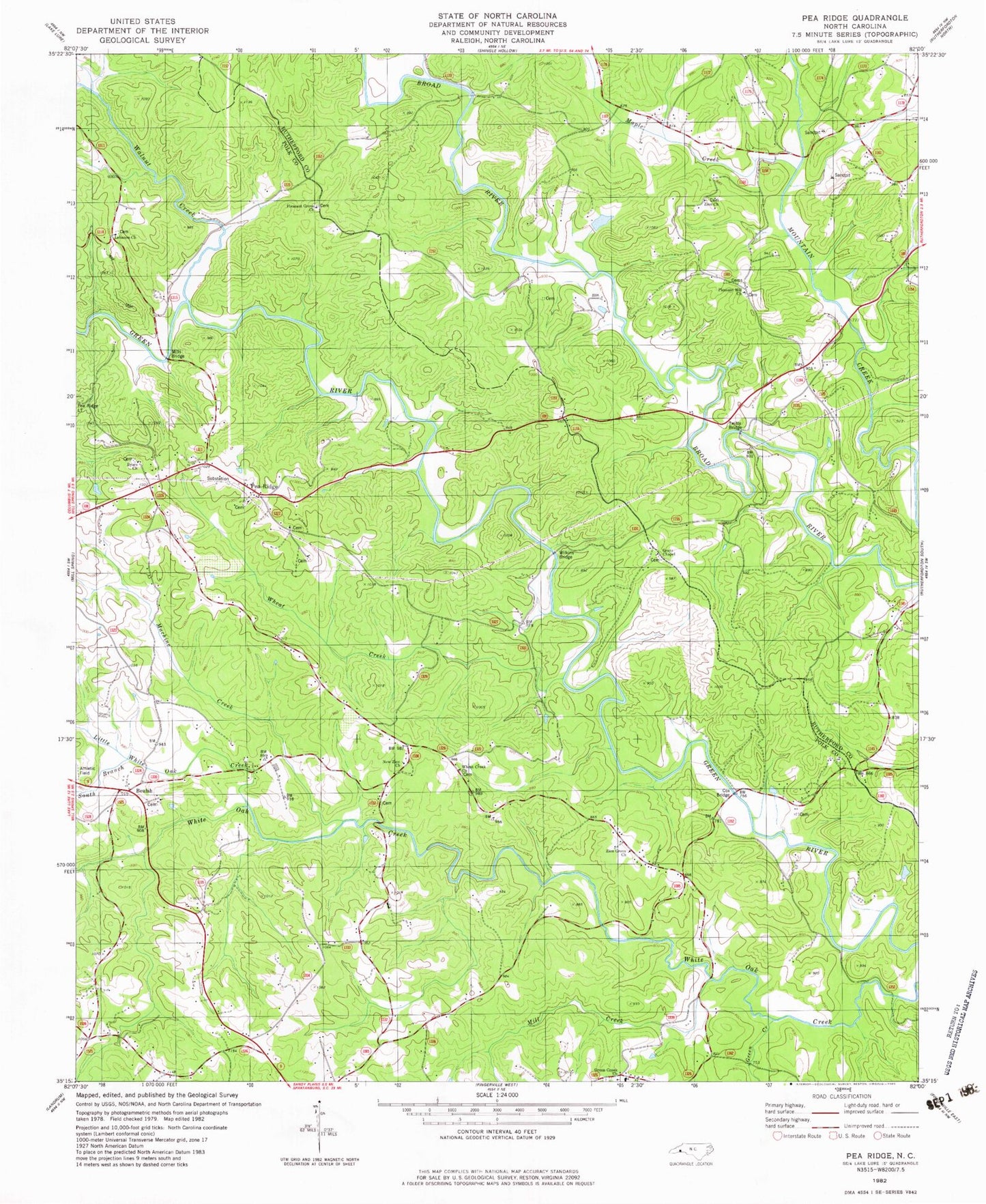 Classic USGS Pea Ridge North Carolina 7.5'x7.5' Topo Map Image
