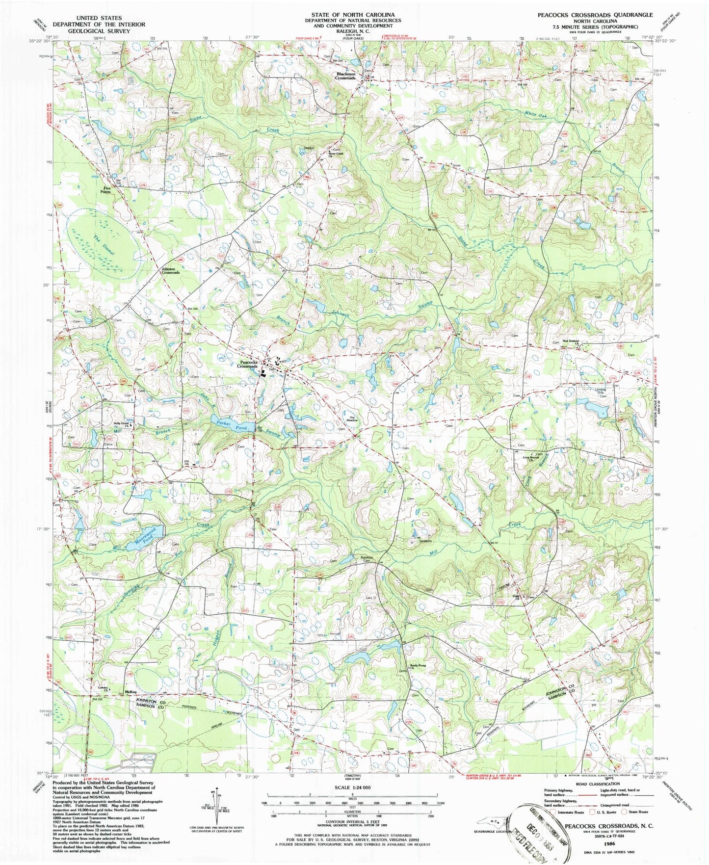 Classic USGS Peacocks Crossroads North Carolina 7.5'x7.5' Topo Map Image