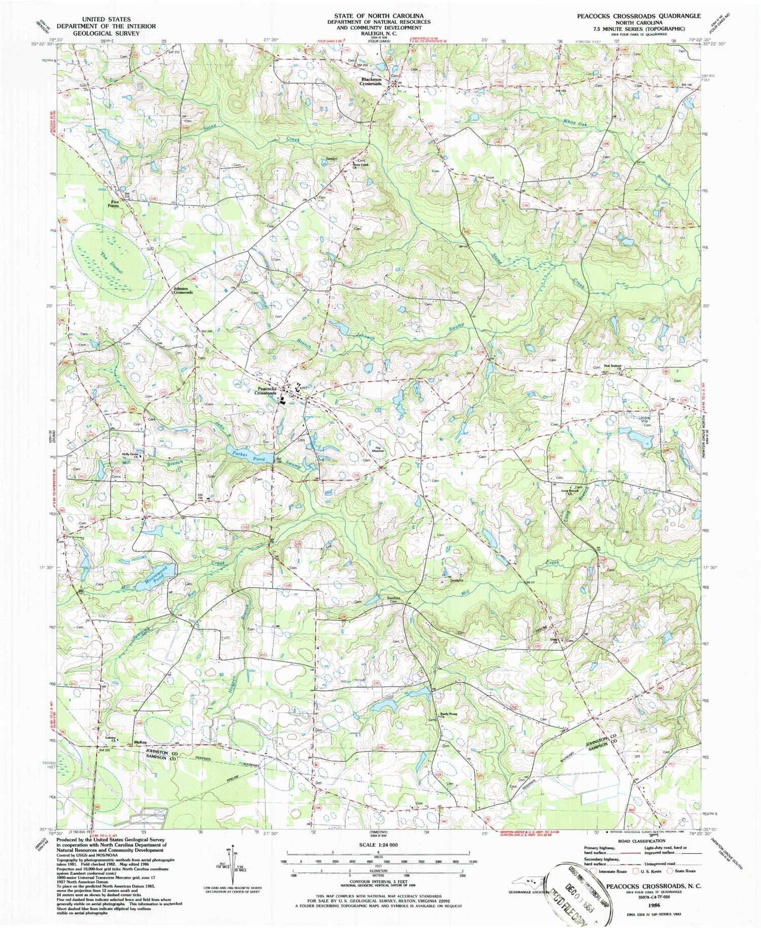 Classic USGS Peacocks Crossroads North Carolina 7.5'x7.5' Topo Map Image
