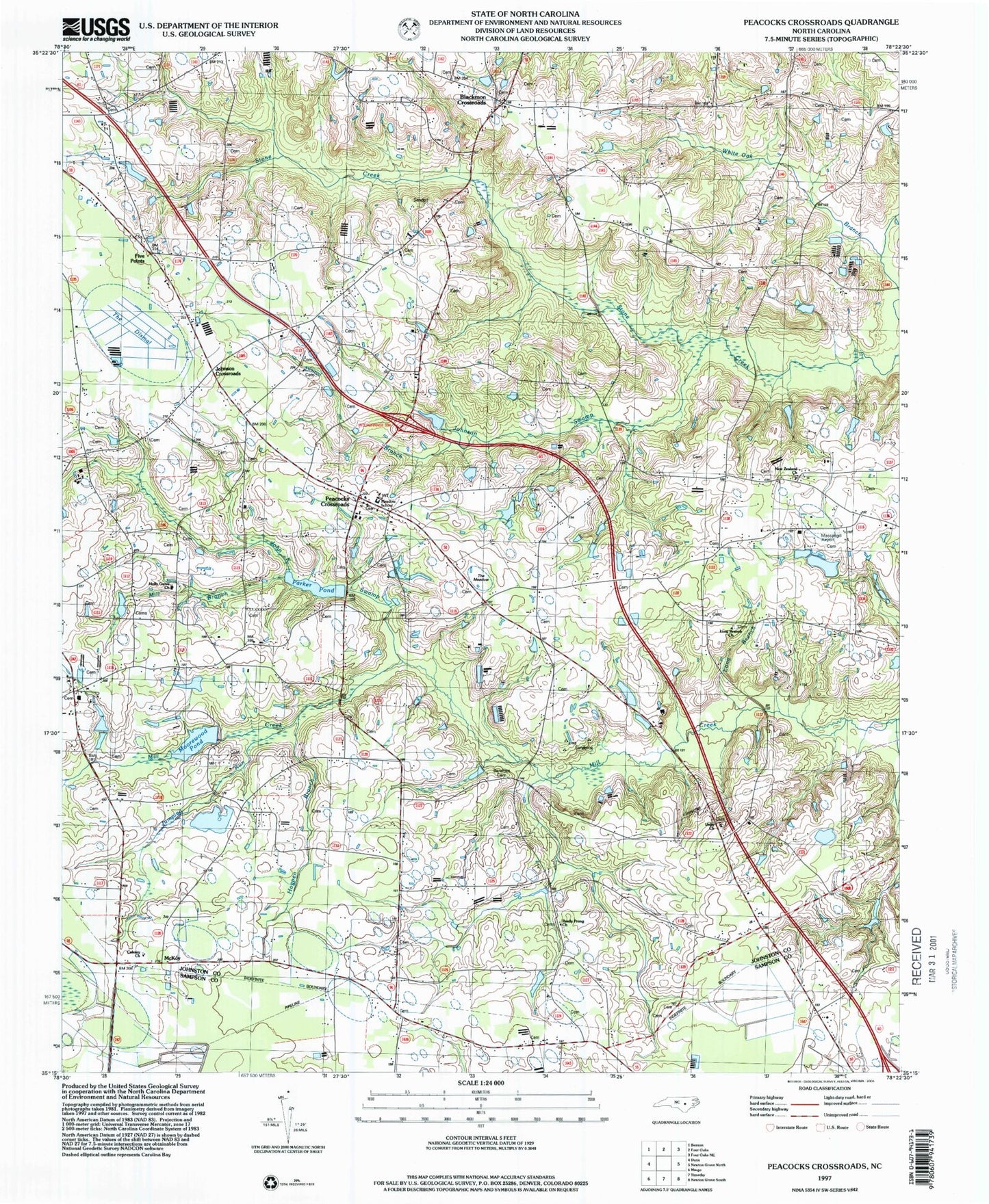 Classic USGS Peacocks Crossroads North Carolina 7.5'x7.5' Topo Map Image