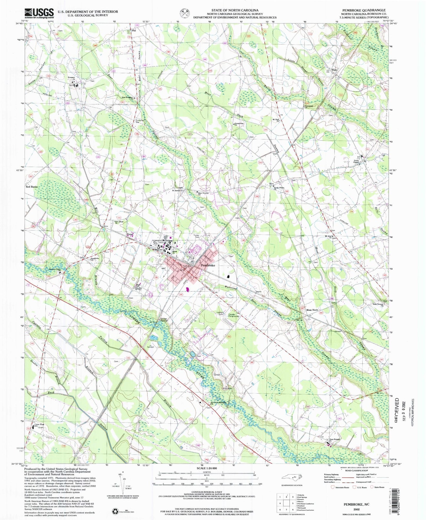 Classic USGS Pembroke North Carolina 7.5'x7.5' Topo Map Image