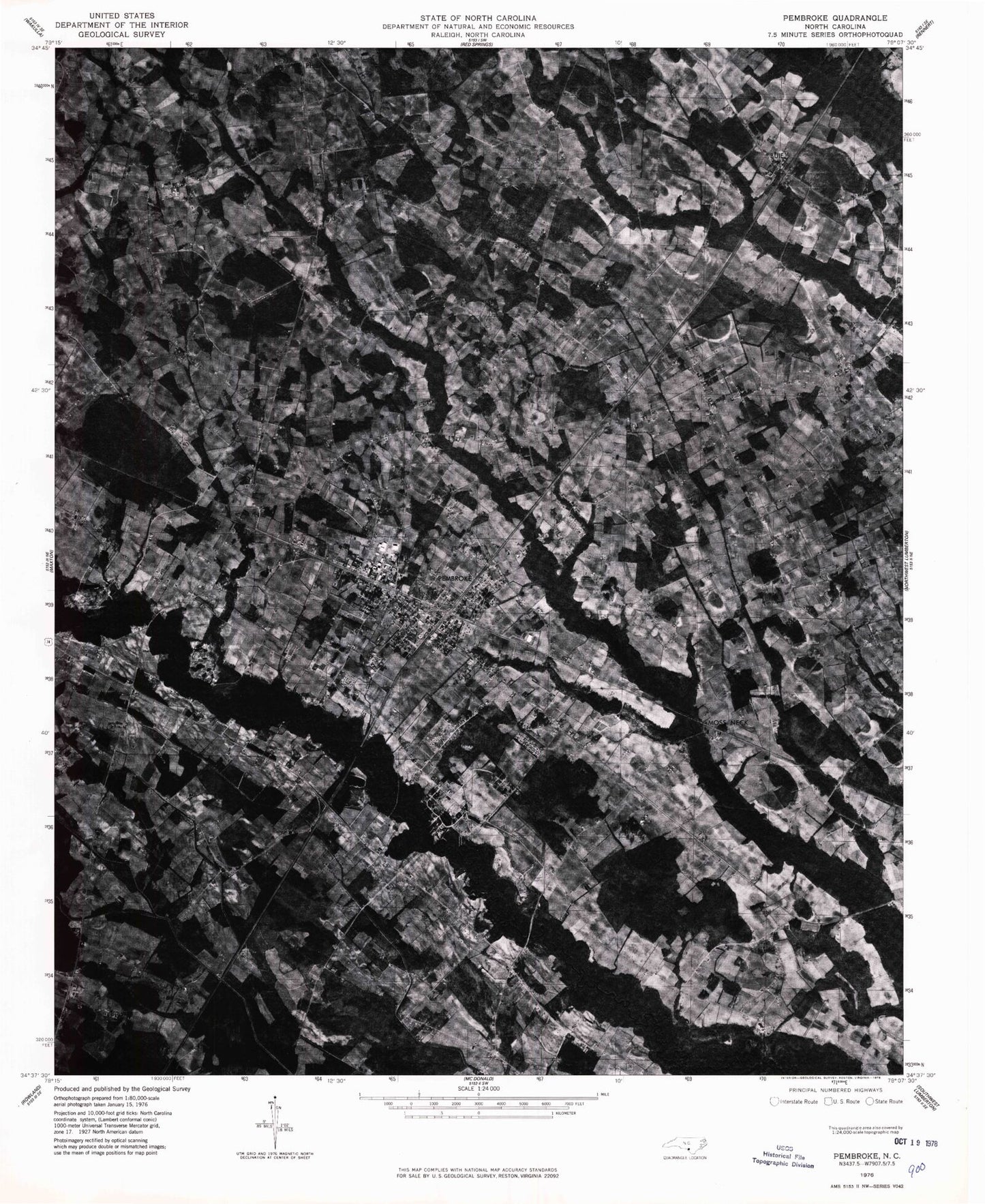 Classic USGS Pembroke North Carolina 7.5'x7.5' Topo Map Image