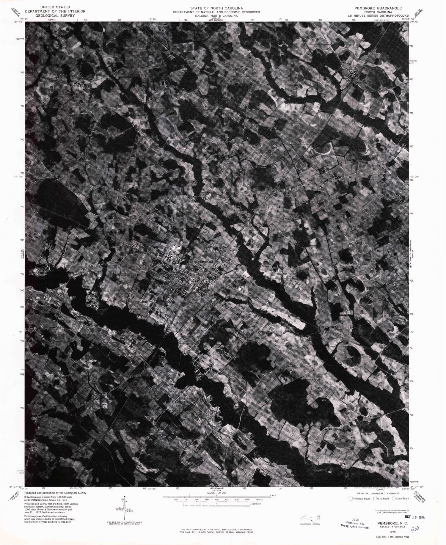 Classic USGS Pembroke North Carolina 7.5'x7.5' Topo Map Image
