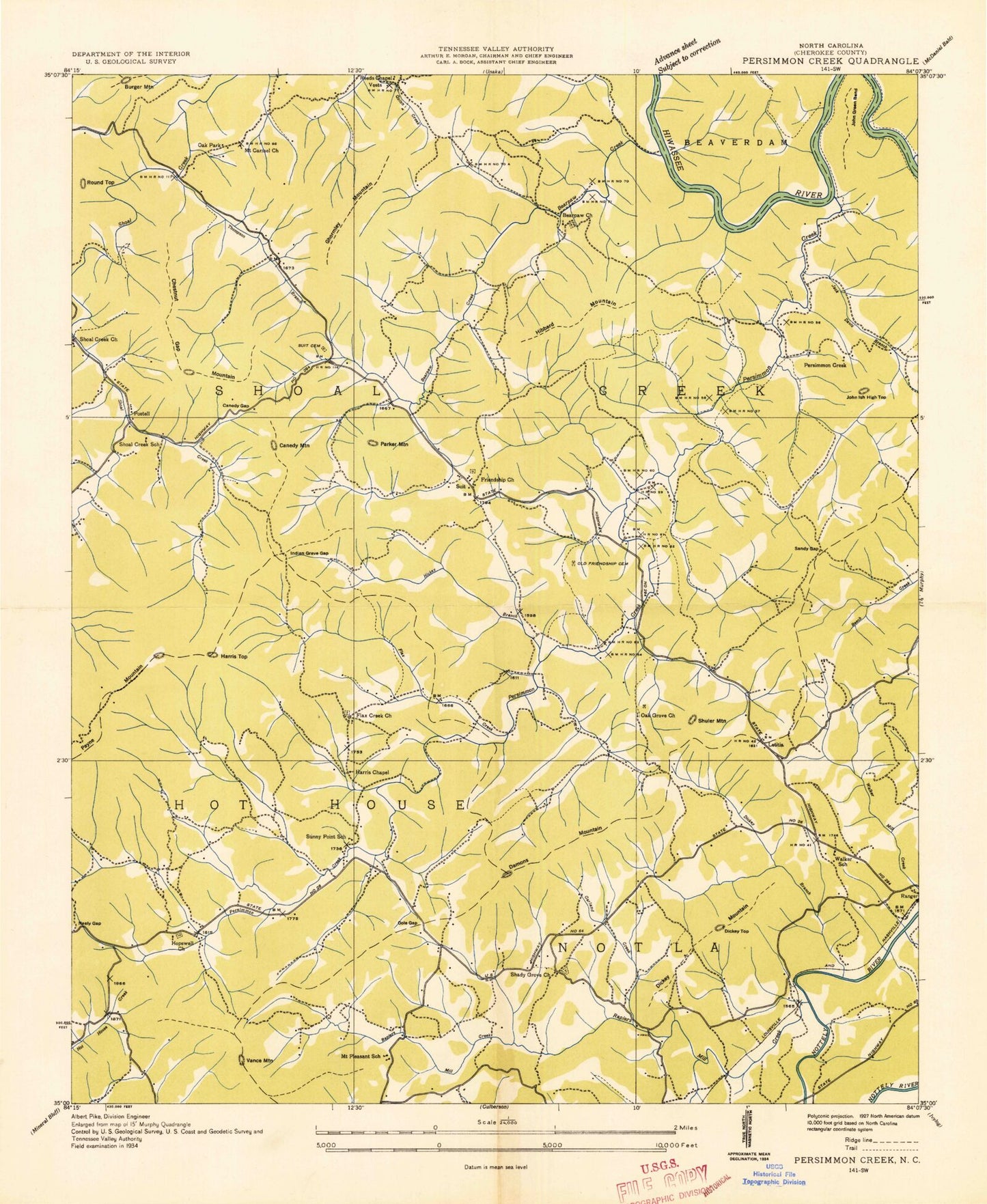 Classic USGS Persimmon Creek North Carolina 7.5'x7.5' Topo Map Image