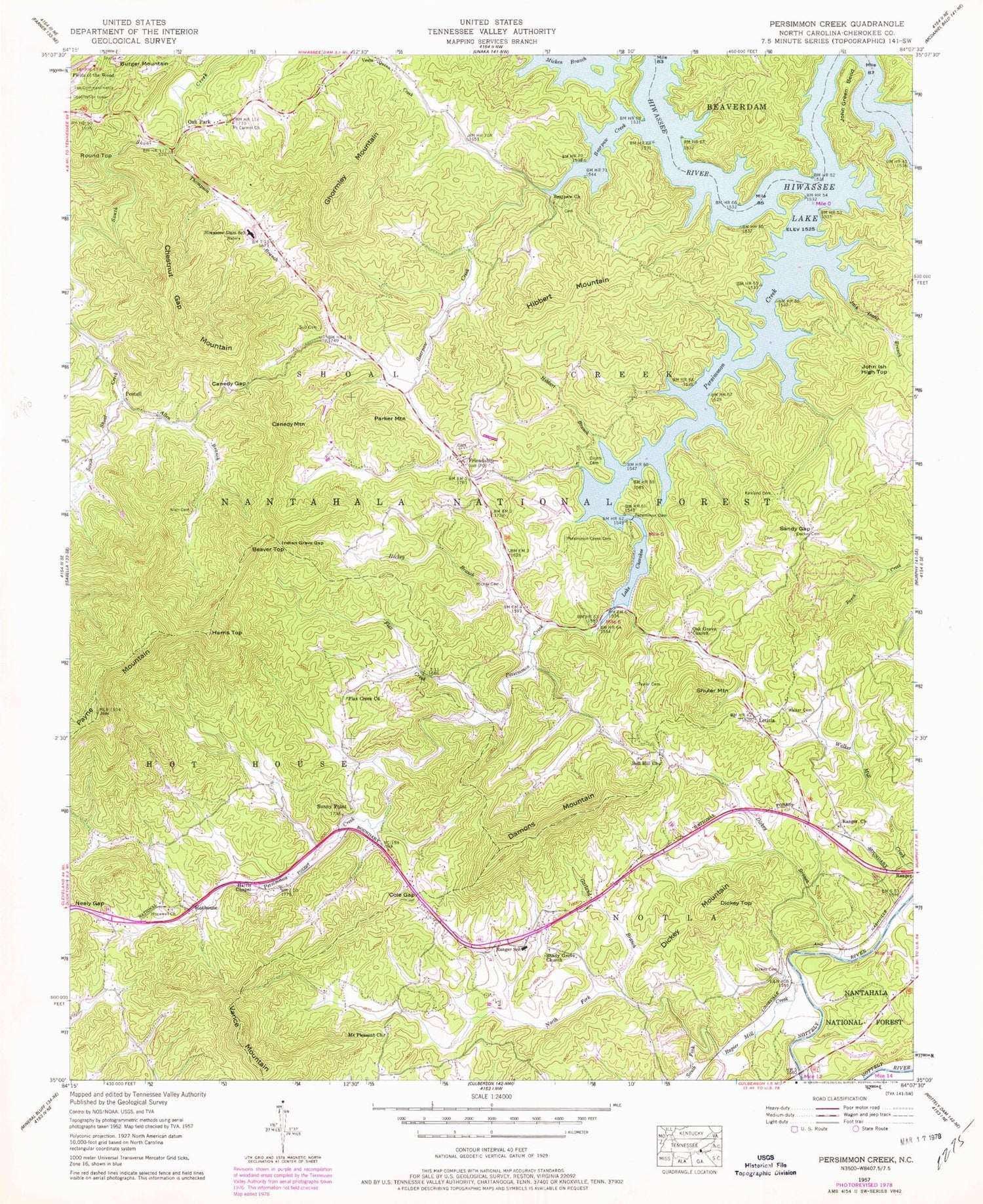 Classic USGS Persimmon Creek North Carolina 7.5'x7.5' Topo Map Image