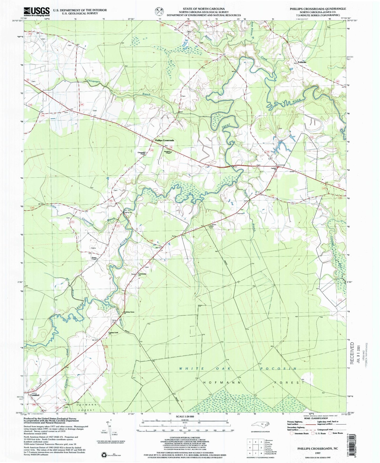 Classic USGS Phillips Crossroads North Carolina 7.5'x7.5' Topo Map Image