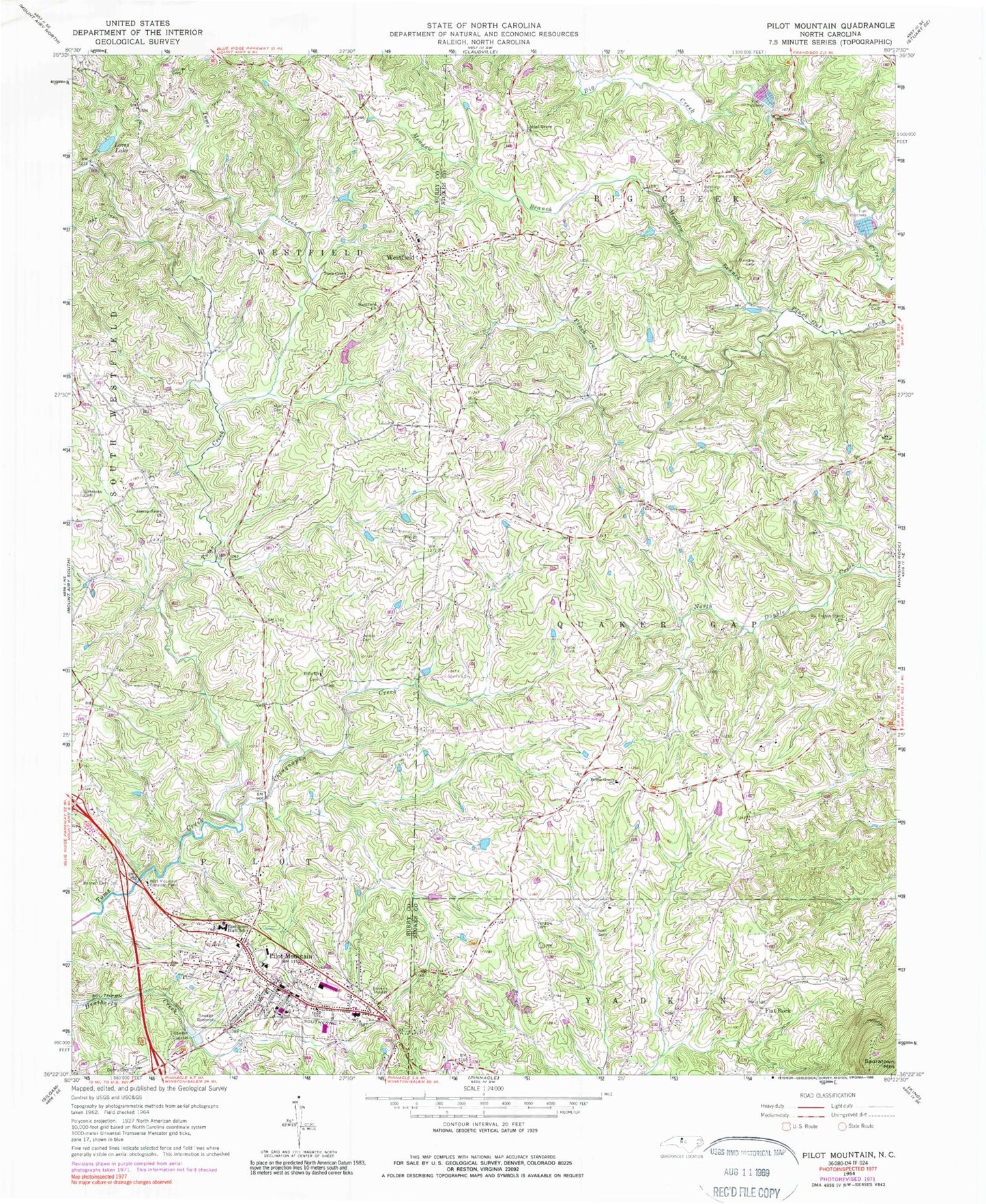 Classic USGS Pilot Mountain North Carolina 7.5'x7.5' Topo Map Image