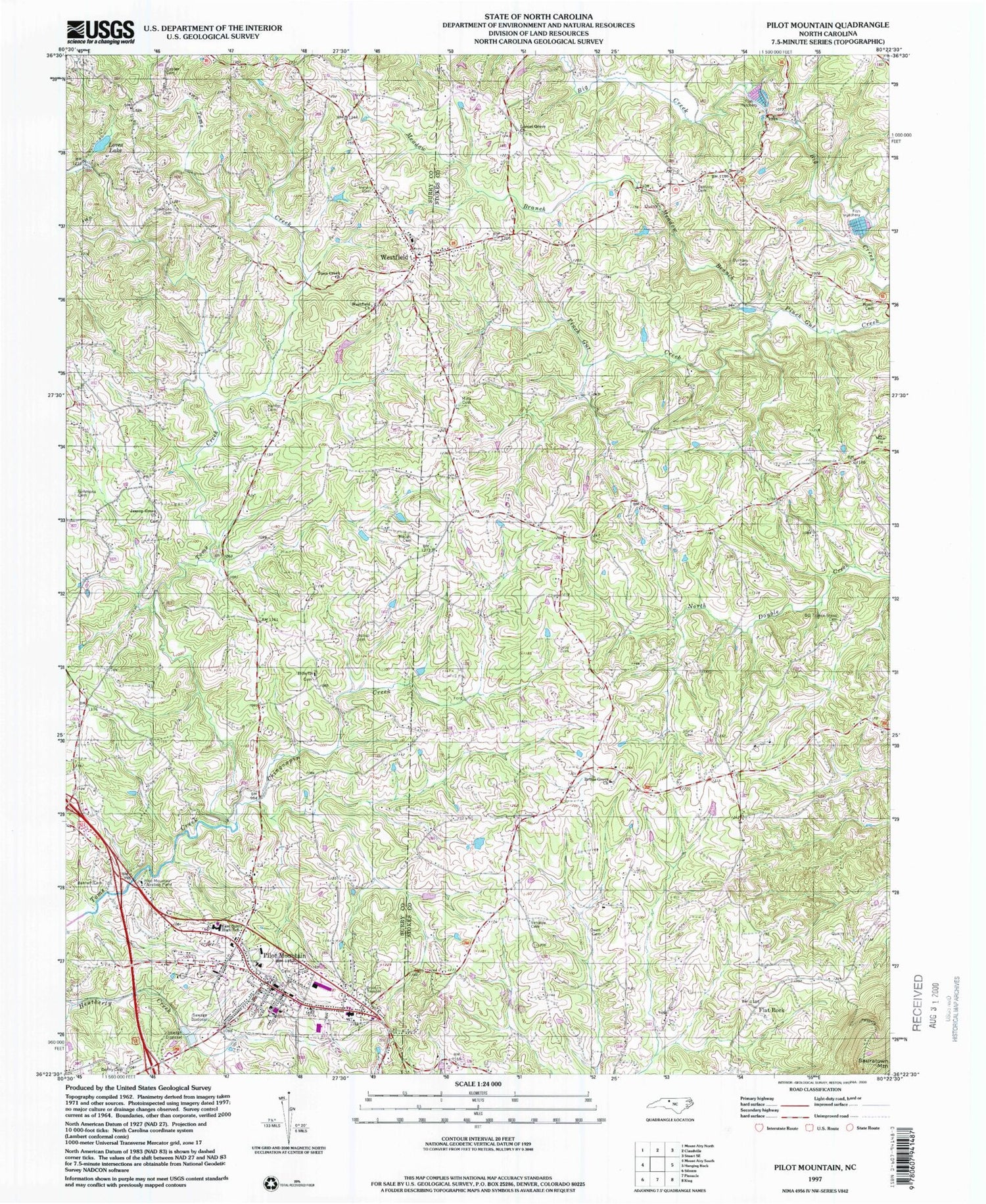 Classic USGS Pilot Mountain North Carolina 7.5'x7.5' Topo Map Image